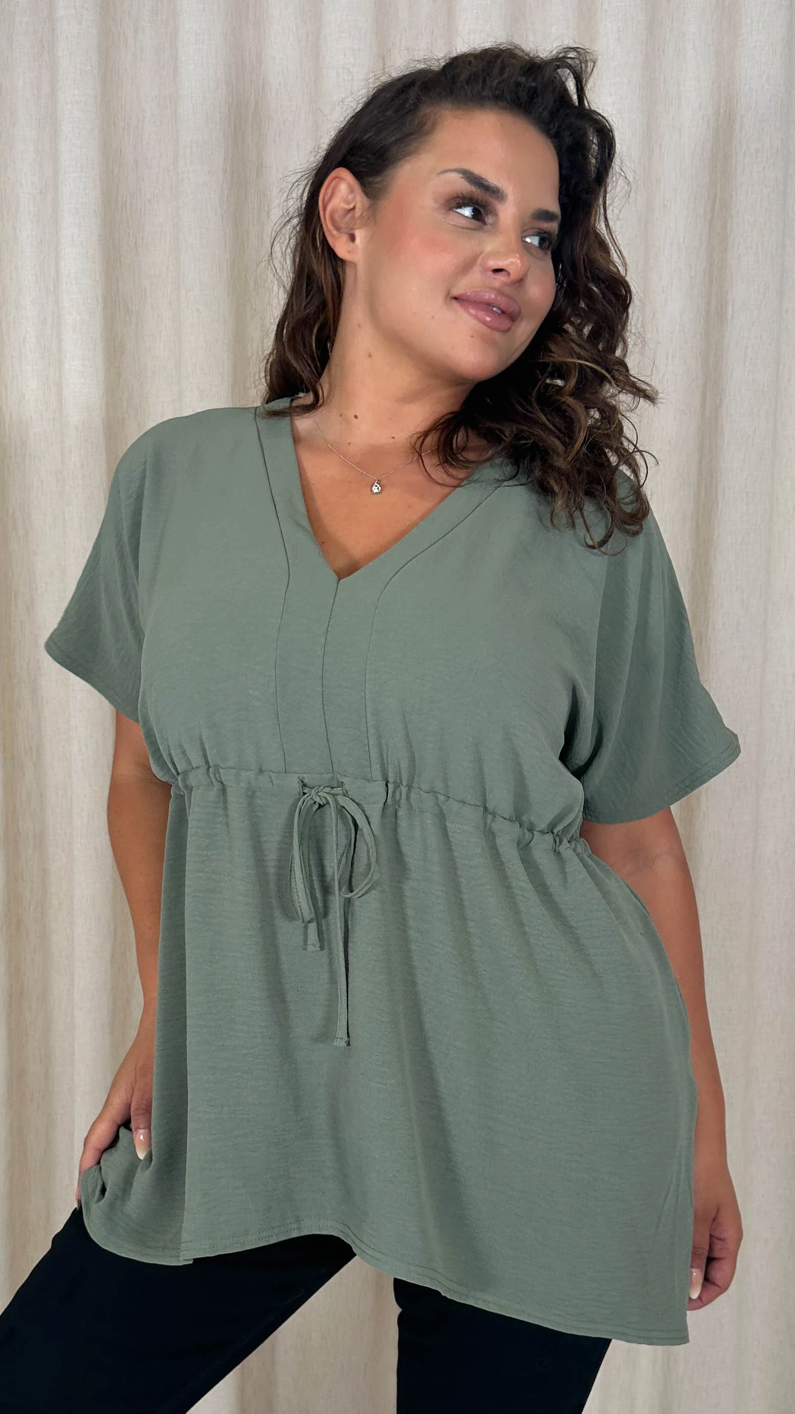 CurveWow Ocean Crepe Peplum Top Sage - Image 5