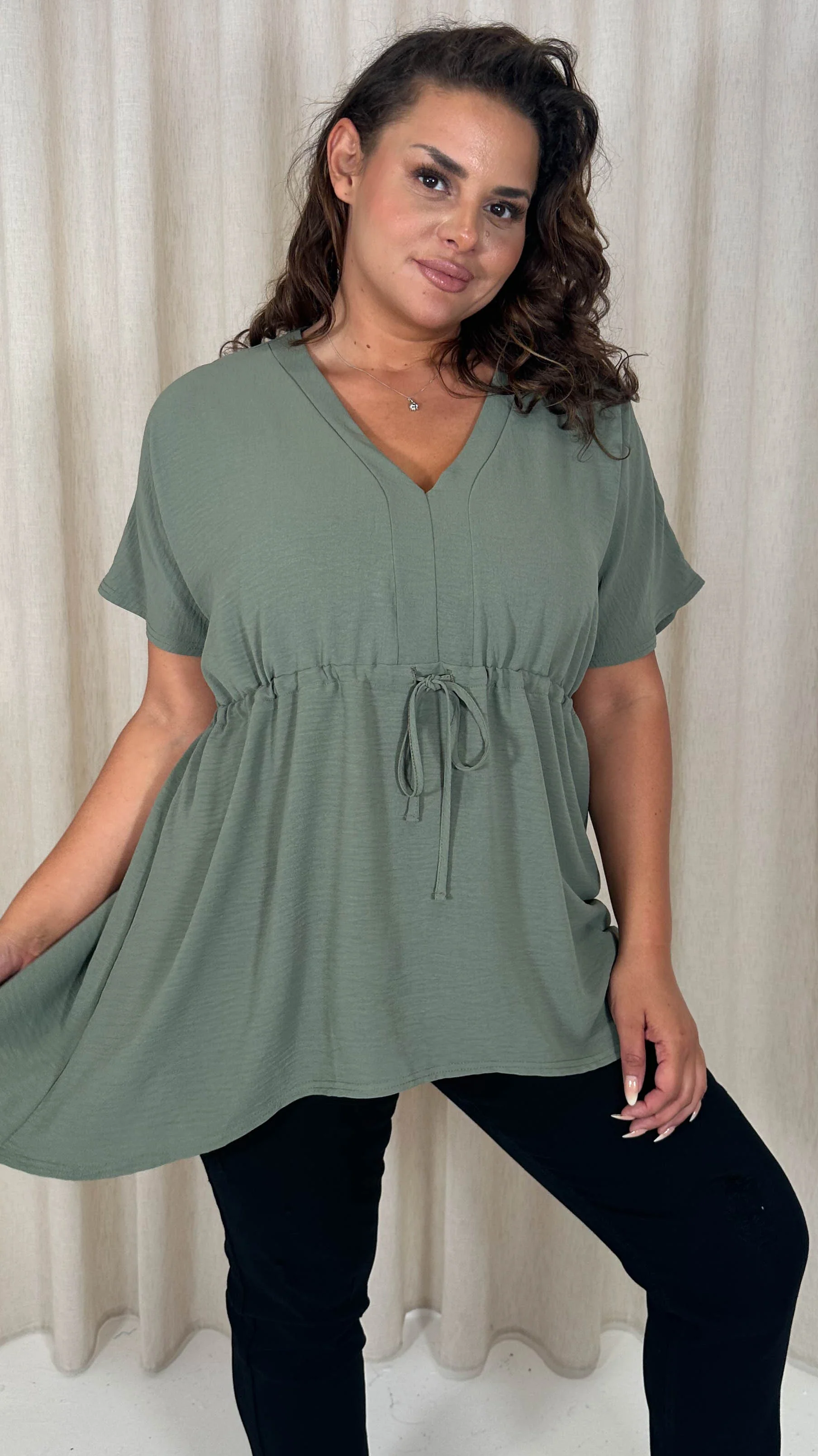 CurveWow Ocean Crepe Peplum Top Sage - Image 7