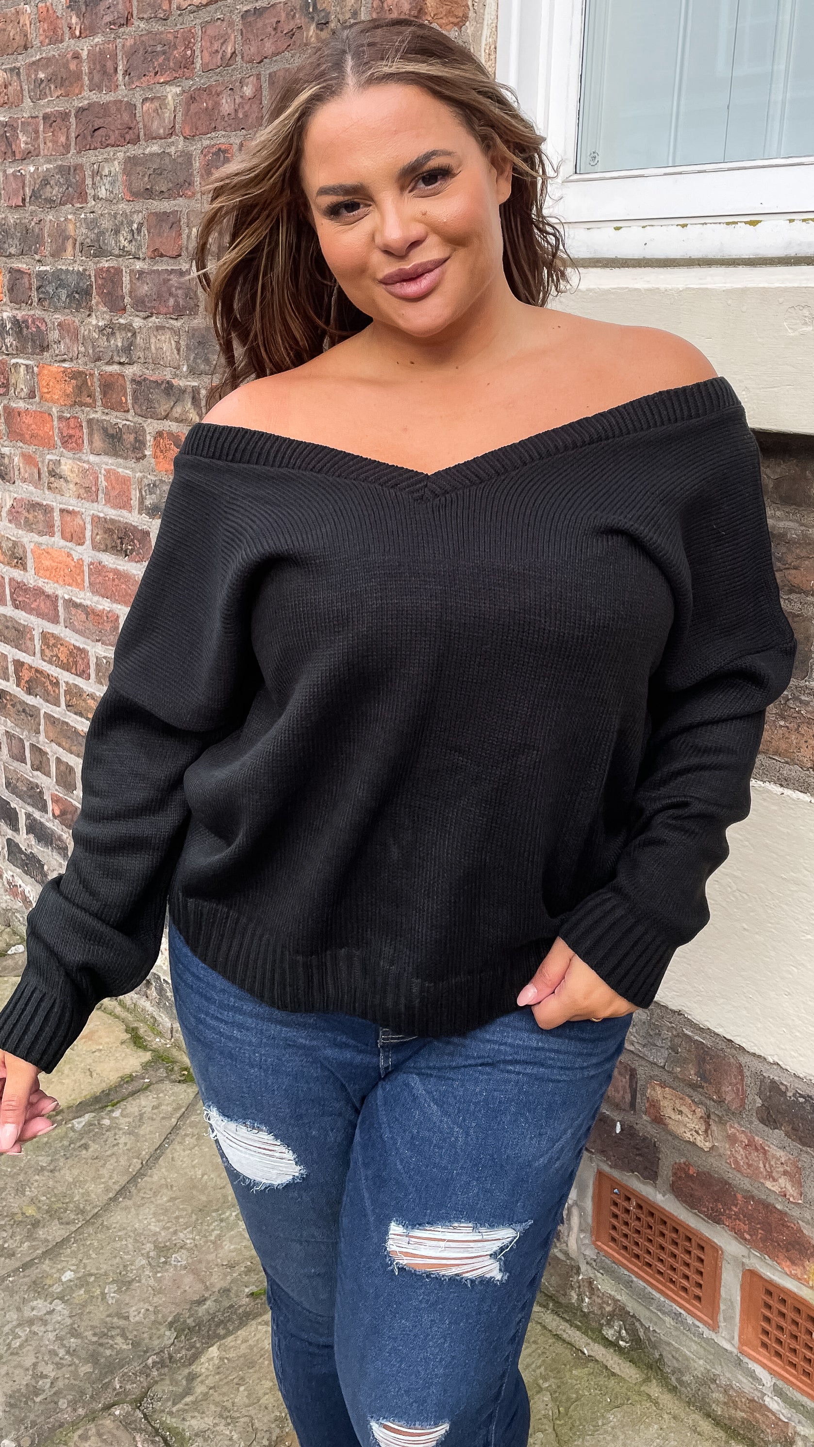 CurveWow Off The Shoulder Knitted Jumper Black