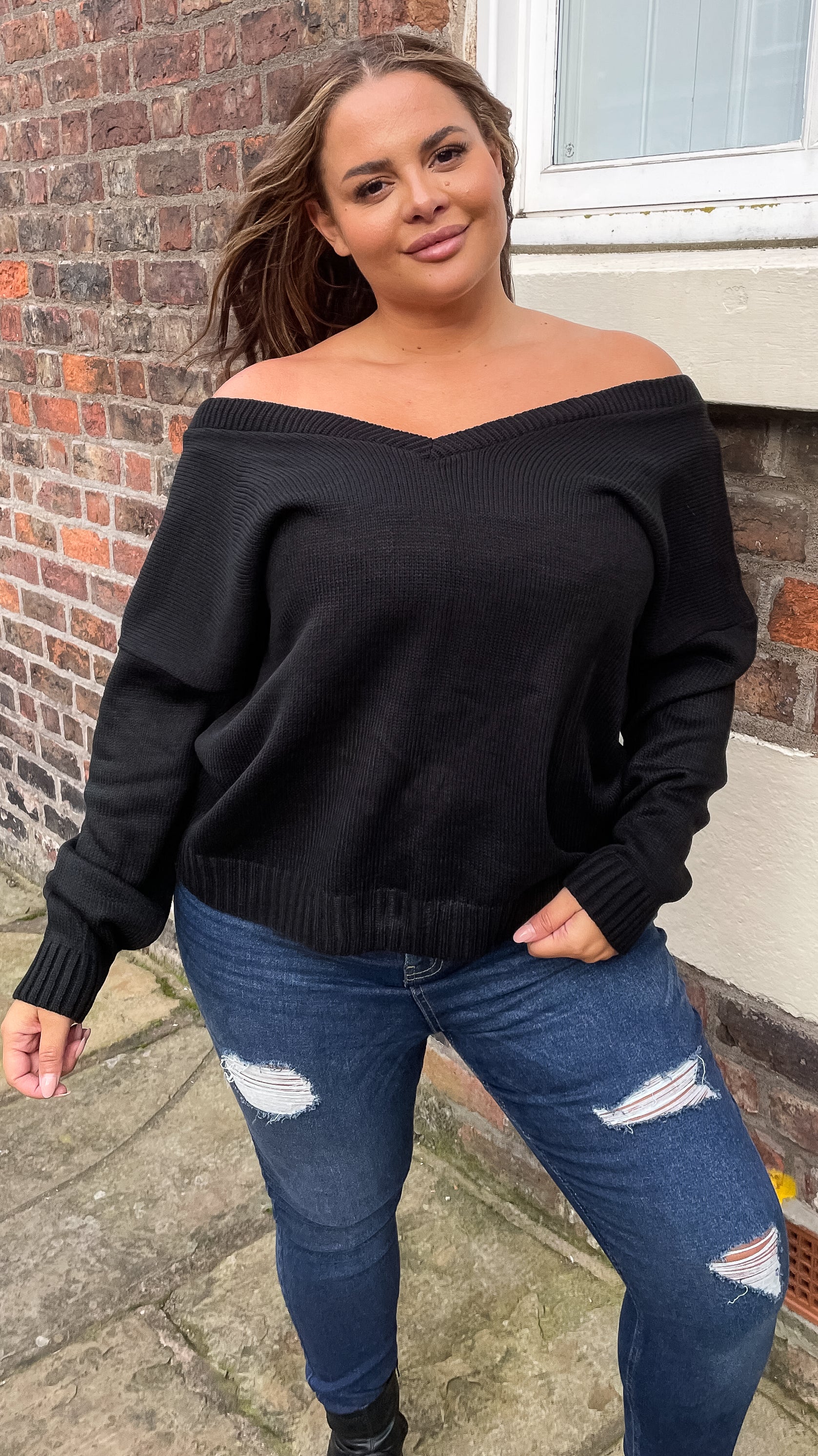 CurveWow Off The Shoulder Knitted Jumper Black - Image 4