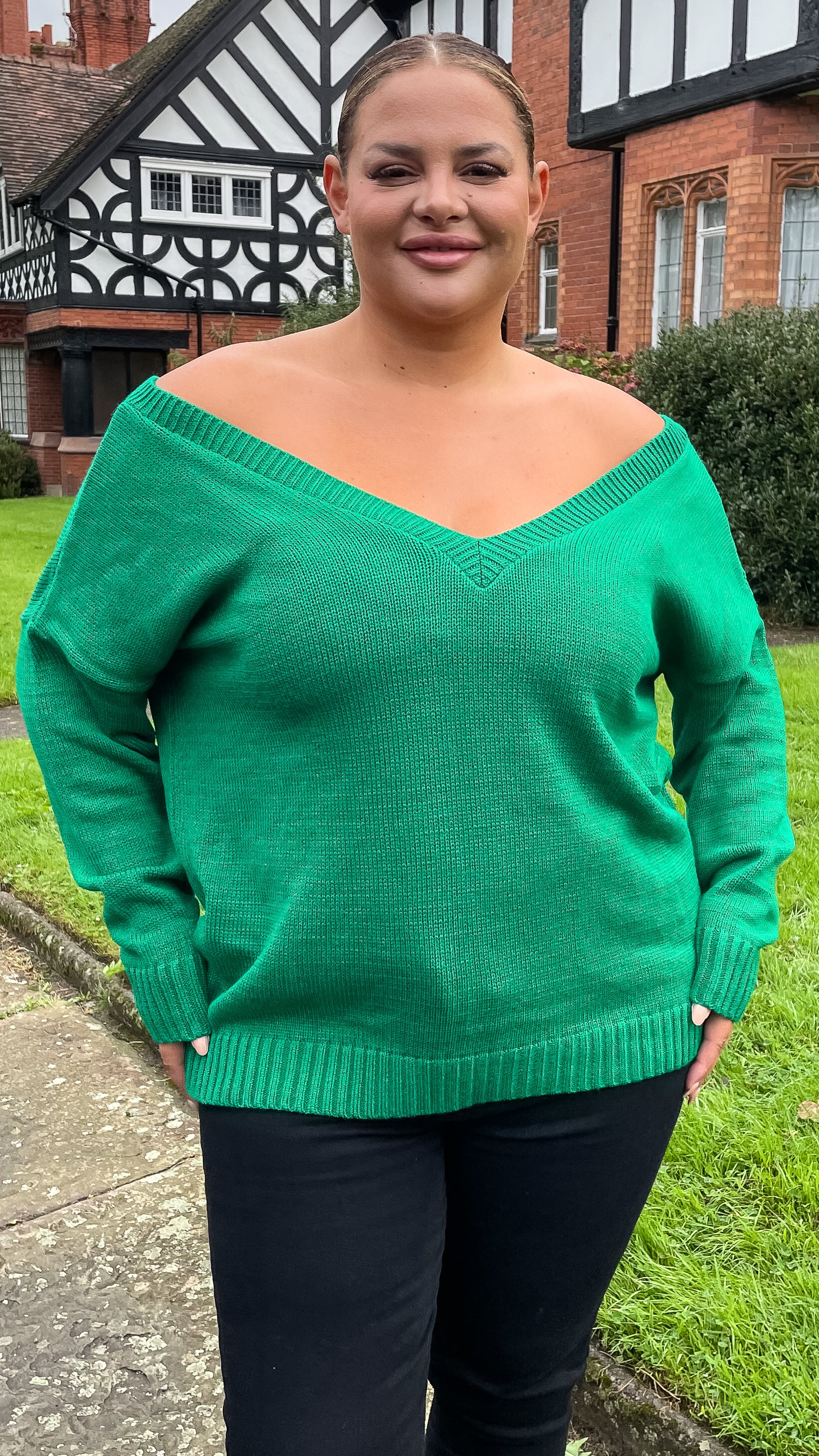 CurveWow Off The Shoulder Knitted Jumper Emerald - Image 2
