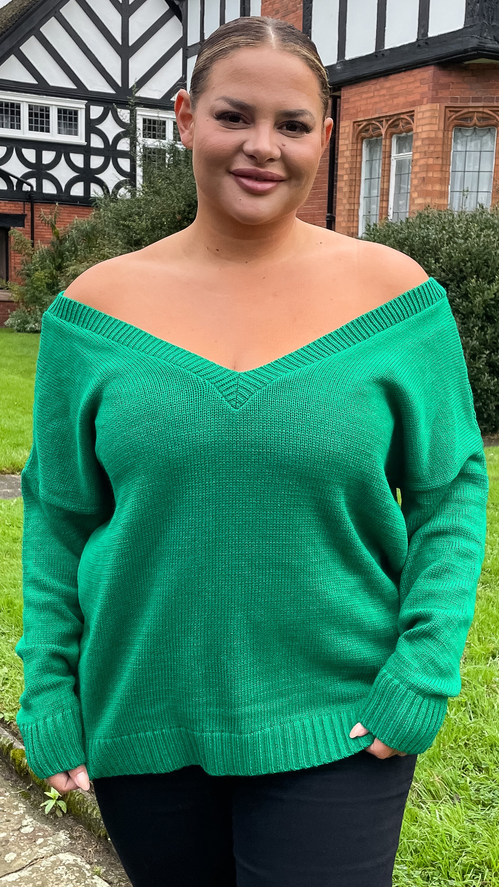 CurveWow Off The Shoulder Knitted Jumper Emerald - Image 5