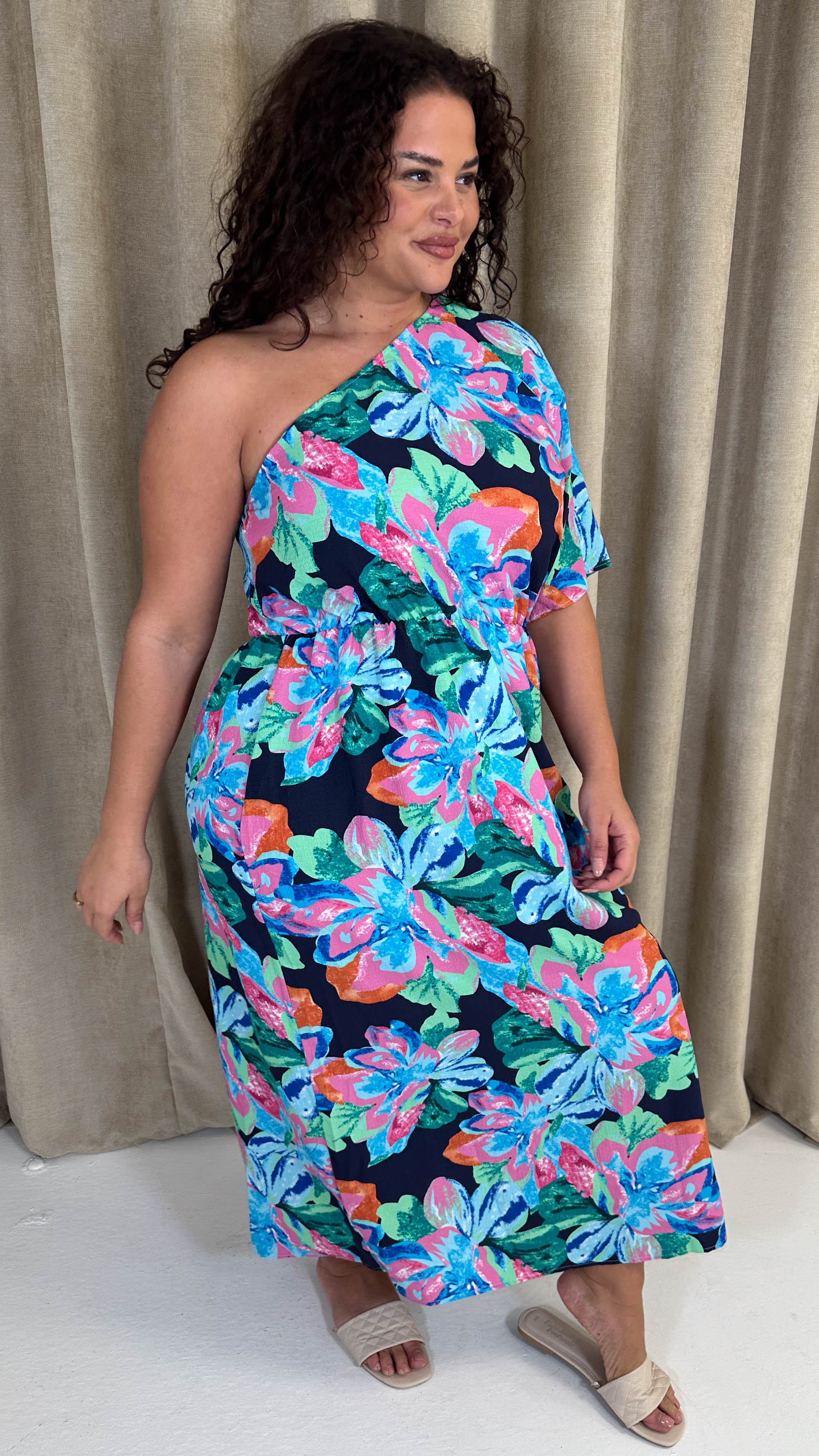 CurveWow One Shoulder Printed Maxi Dress Multi Floral - Image 3