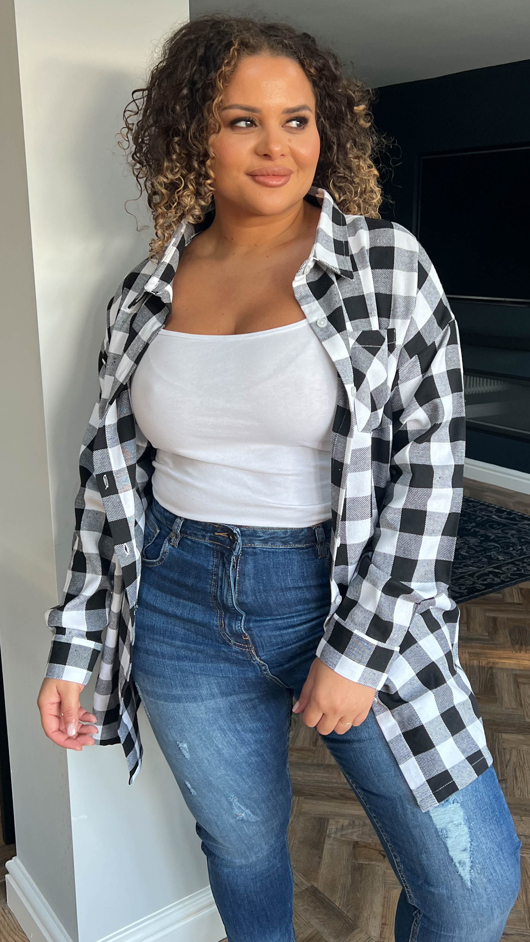 CurveWow Oversized Check Shirt Black/White - Image 3