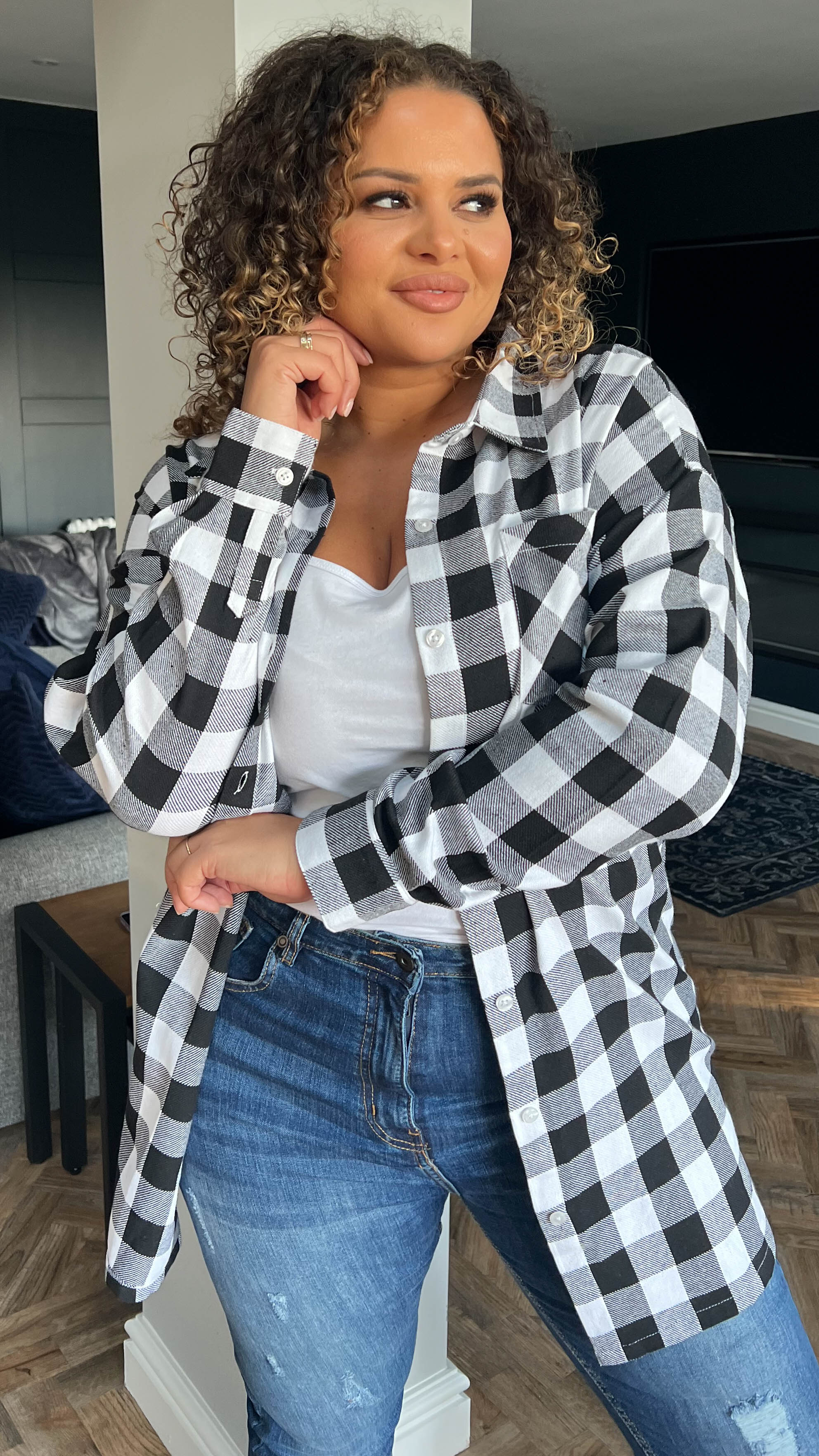 CurveWow Oversized Check Shirt Black/White - Image 6