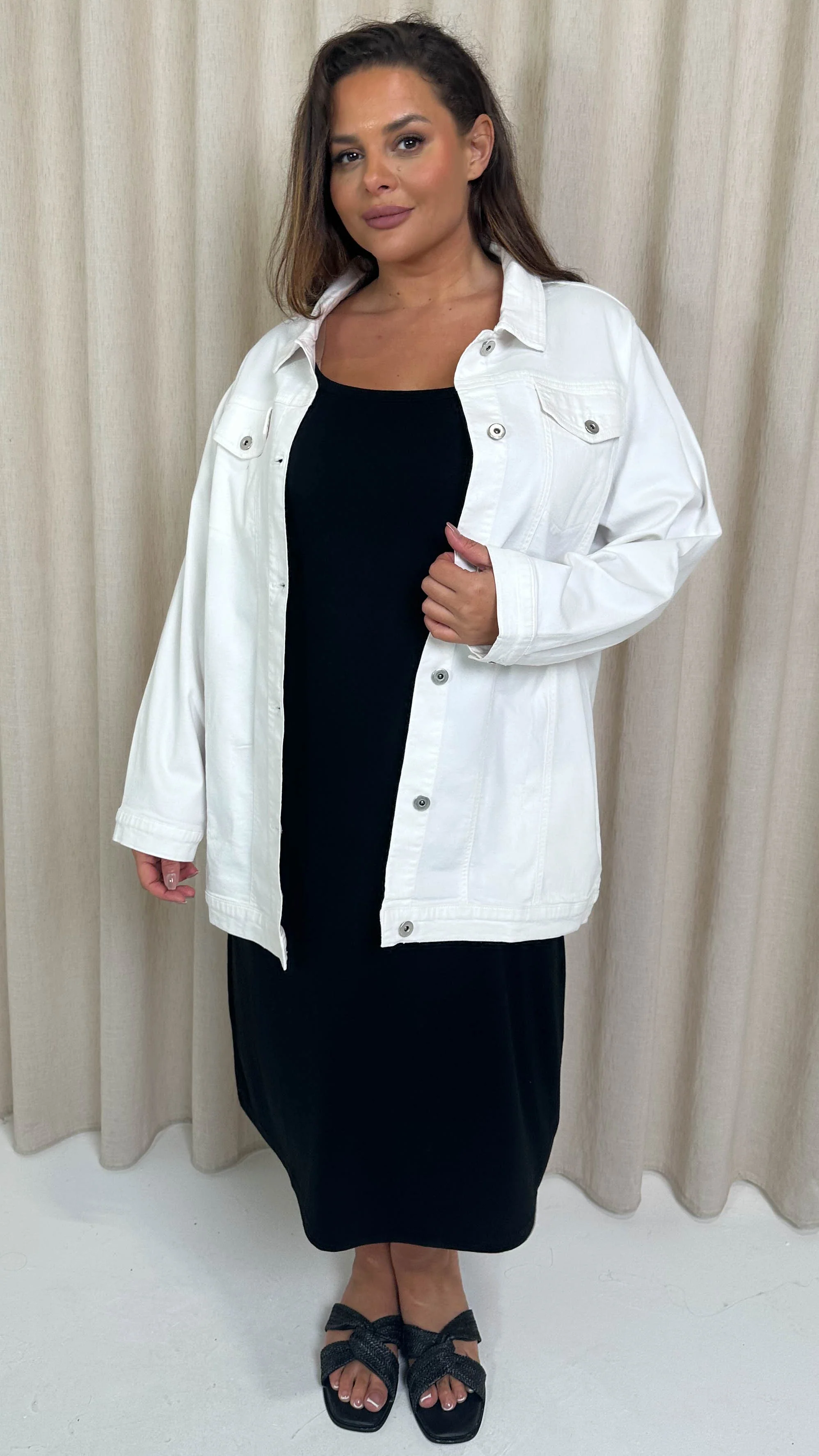 CurveWow Oversized Longline Denim Jacket White - Image 3