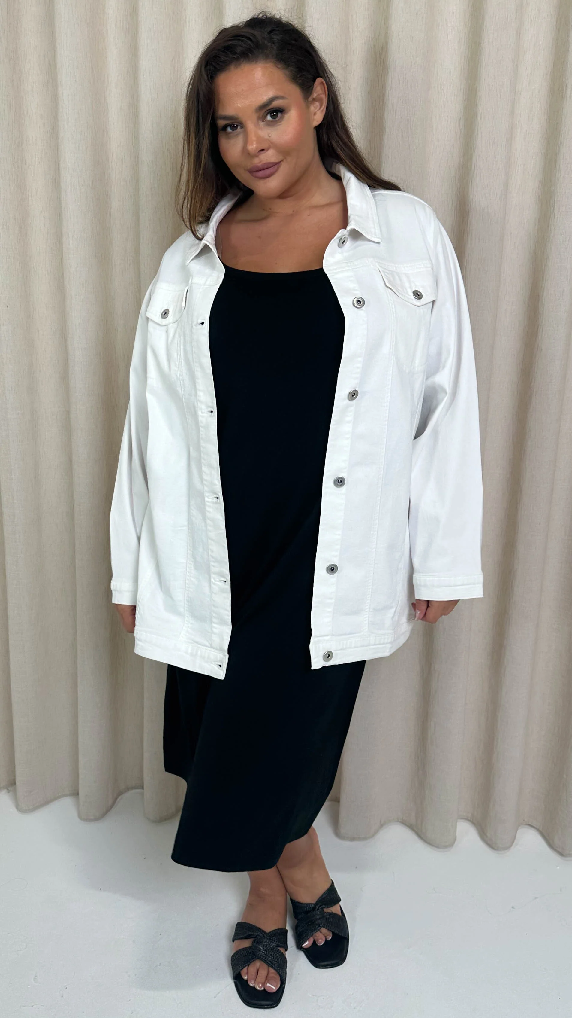 CurveWow Oversized Longline Denim Jacket White - Image 4