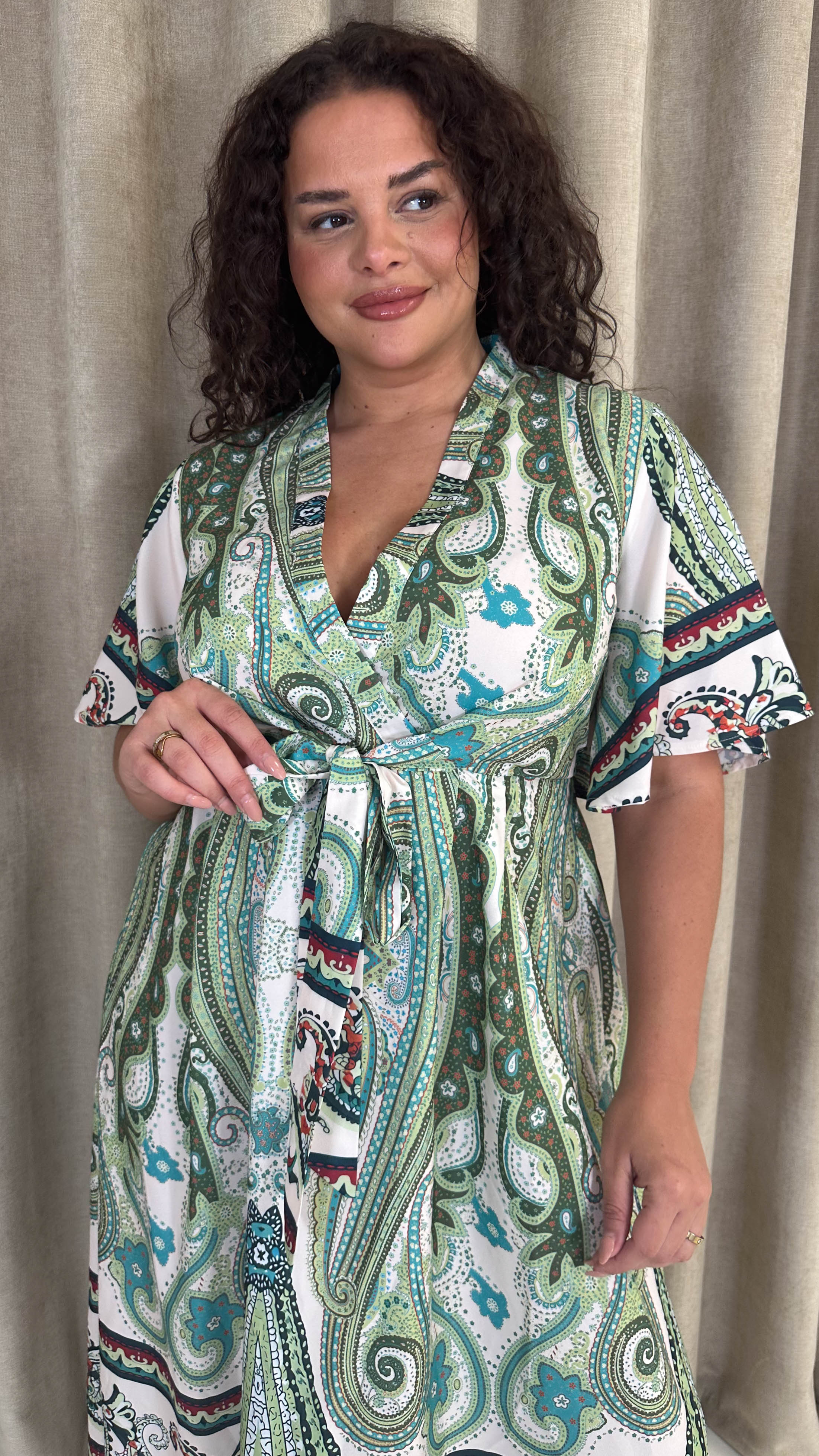 CurveWow Paisley Tie Front Dress Green - Image 4