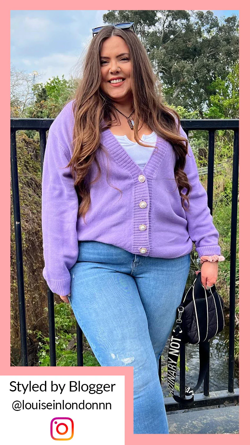 CurveWow Pearl Buttoned Cardigan Lilac - Image 2