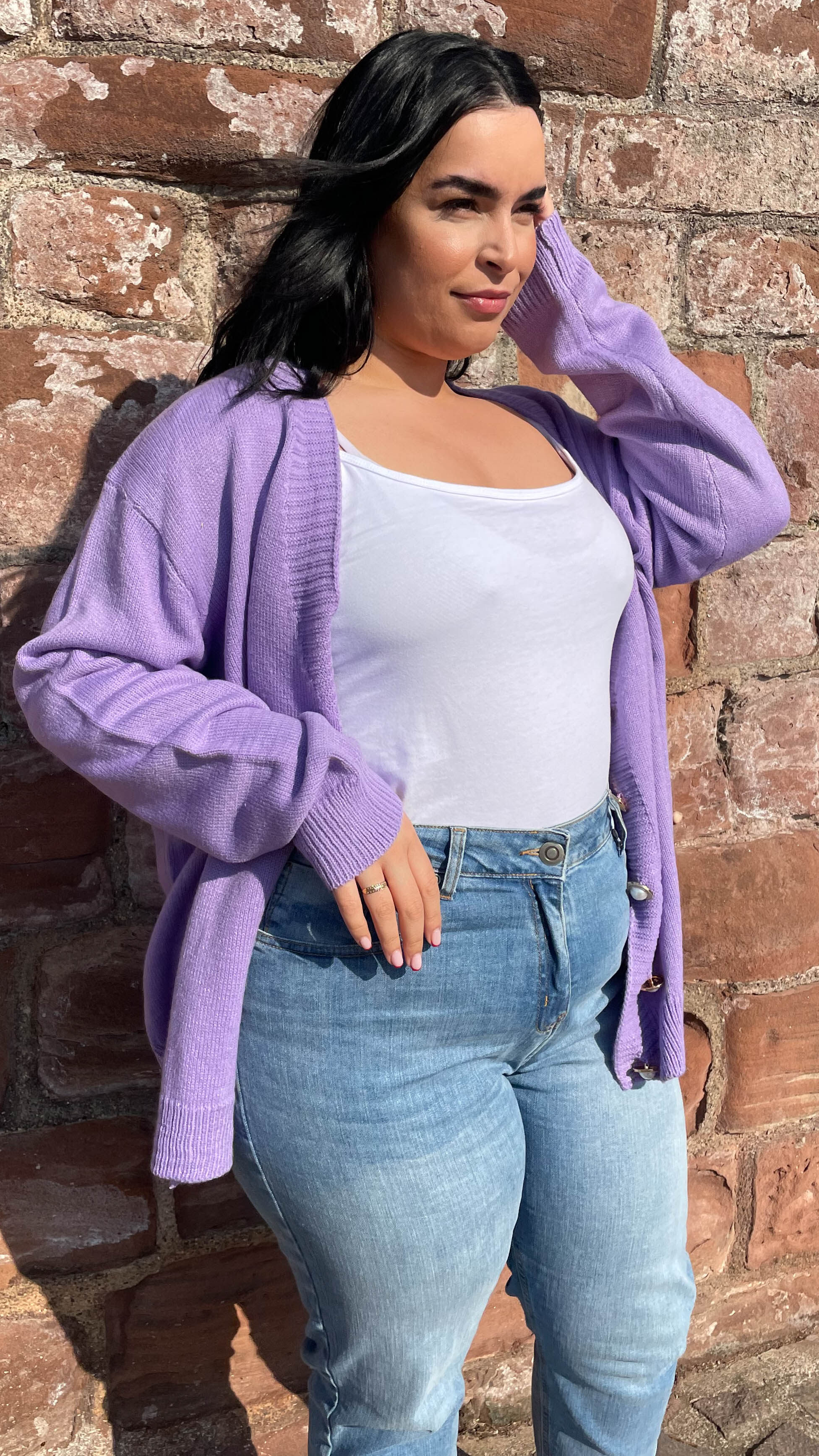CurveWow Pearl Buttoned Cardigan Lilac - Image 6