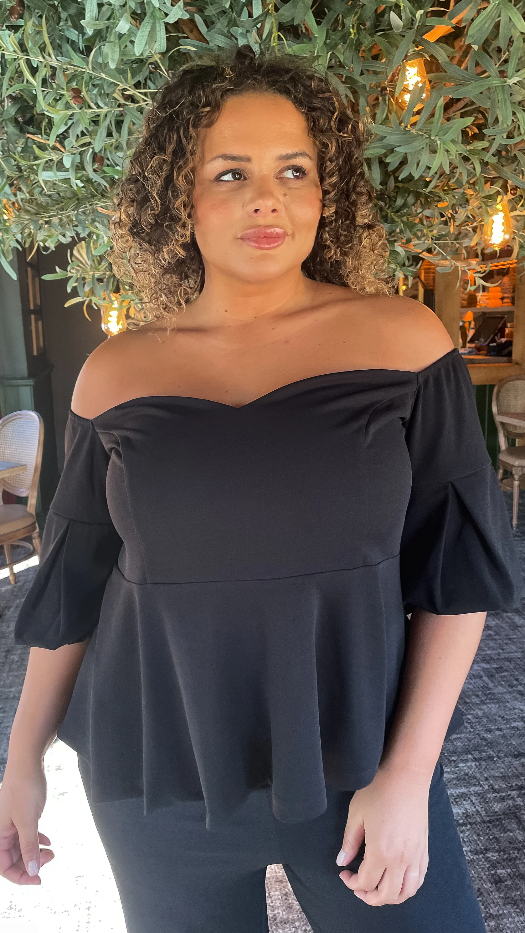 CurveWow Peplum Sweetheart Bardot Top Black - Image 3