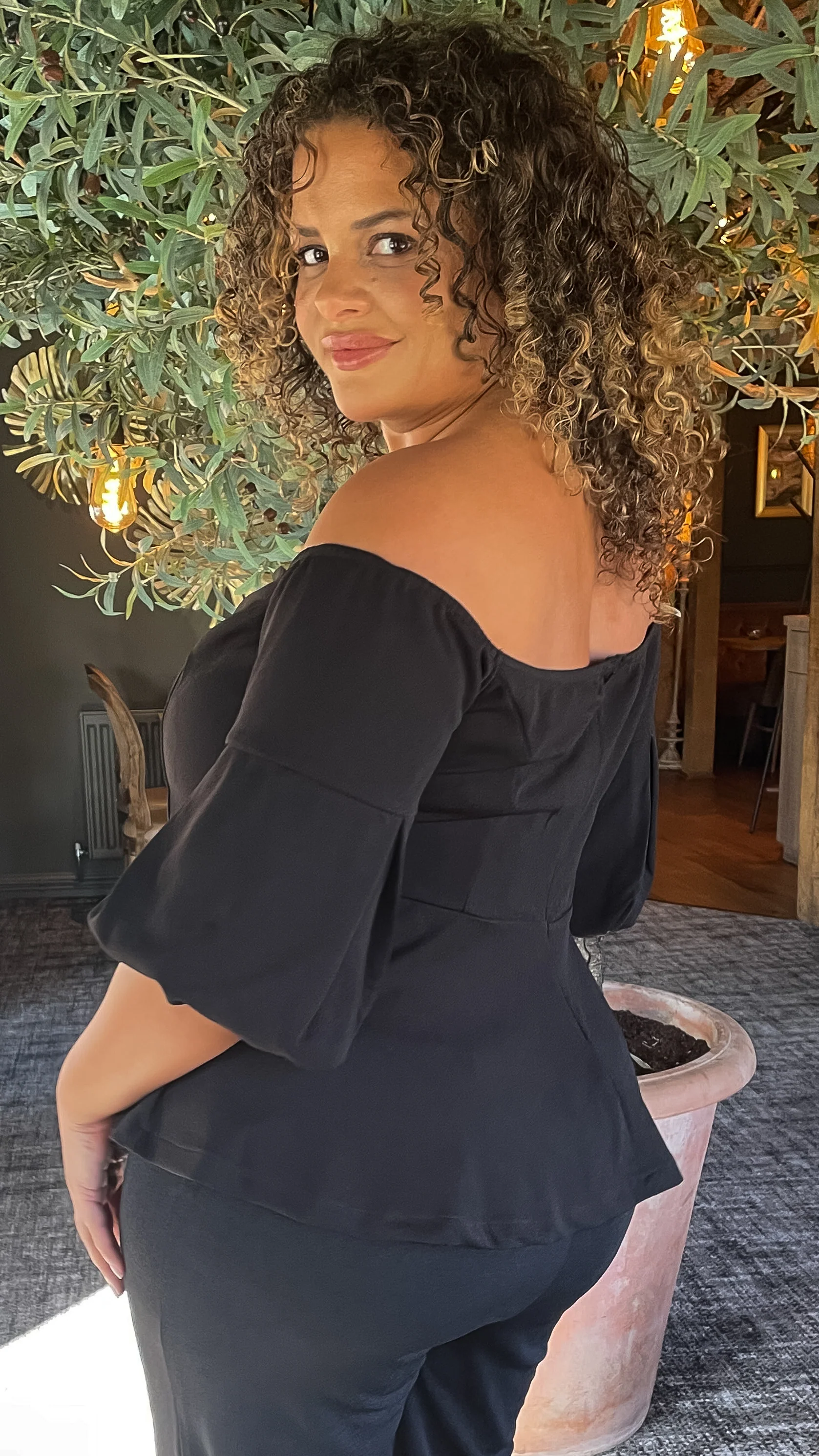 CurveWow Peplum Sweetheart Bardot Top Black - Image 4