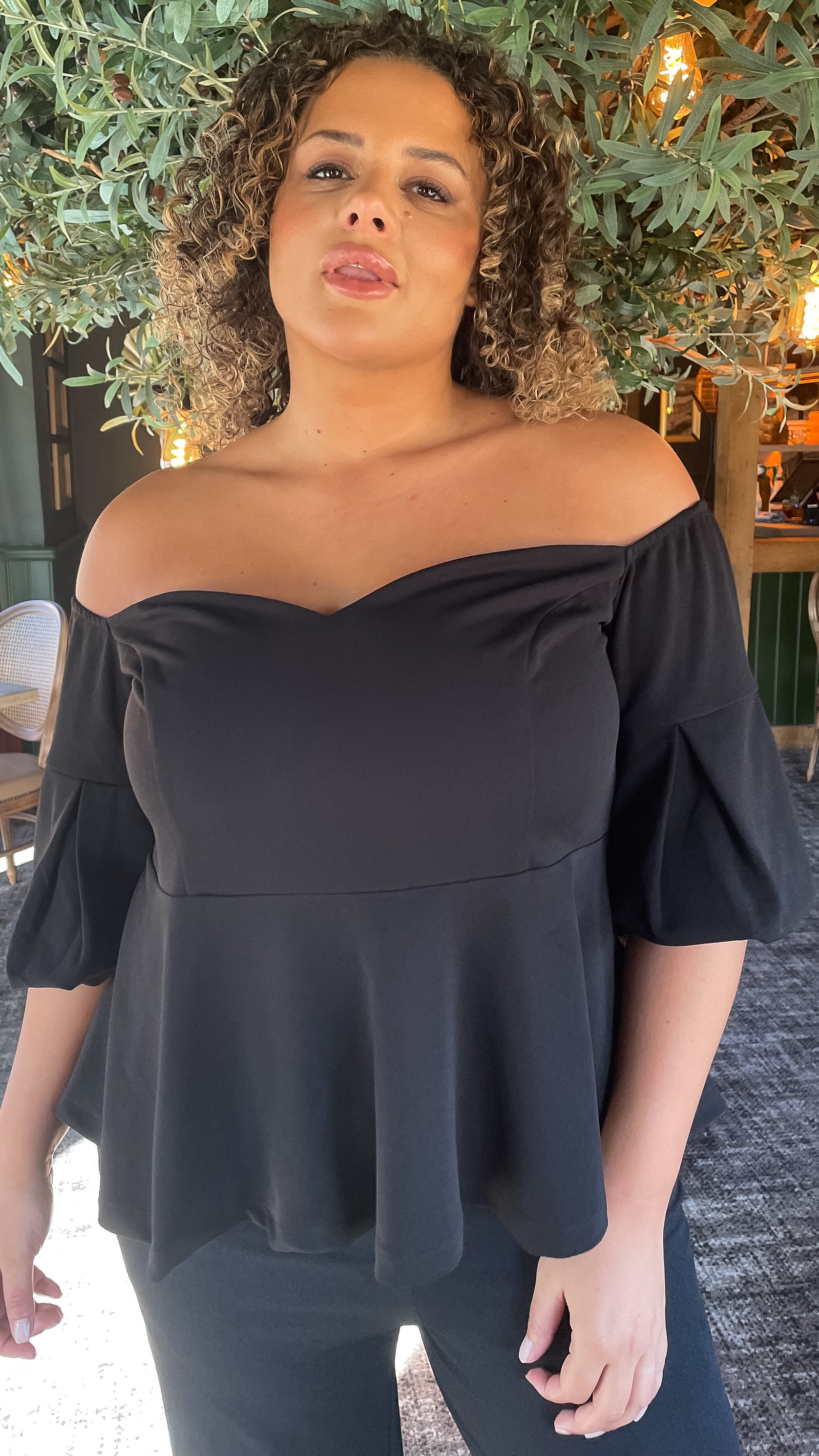 CurveWow Peplum Sweetheart Bardot Top Black - Image 5