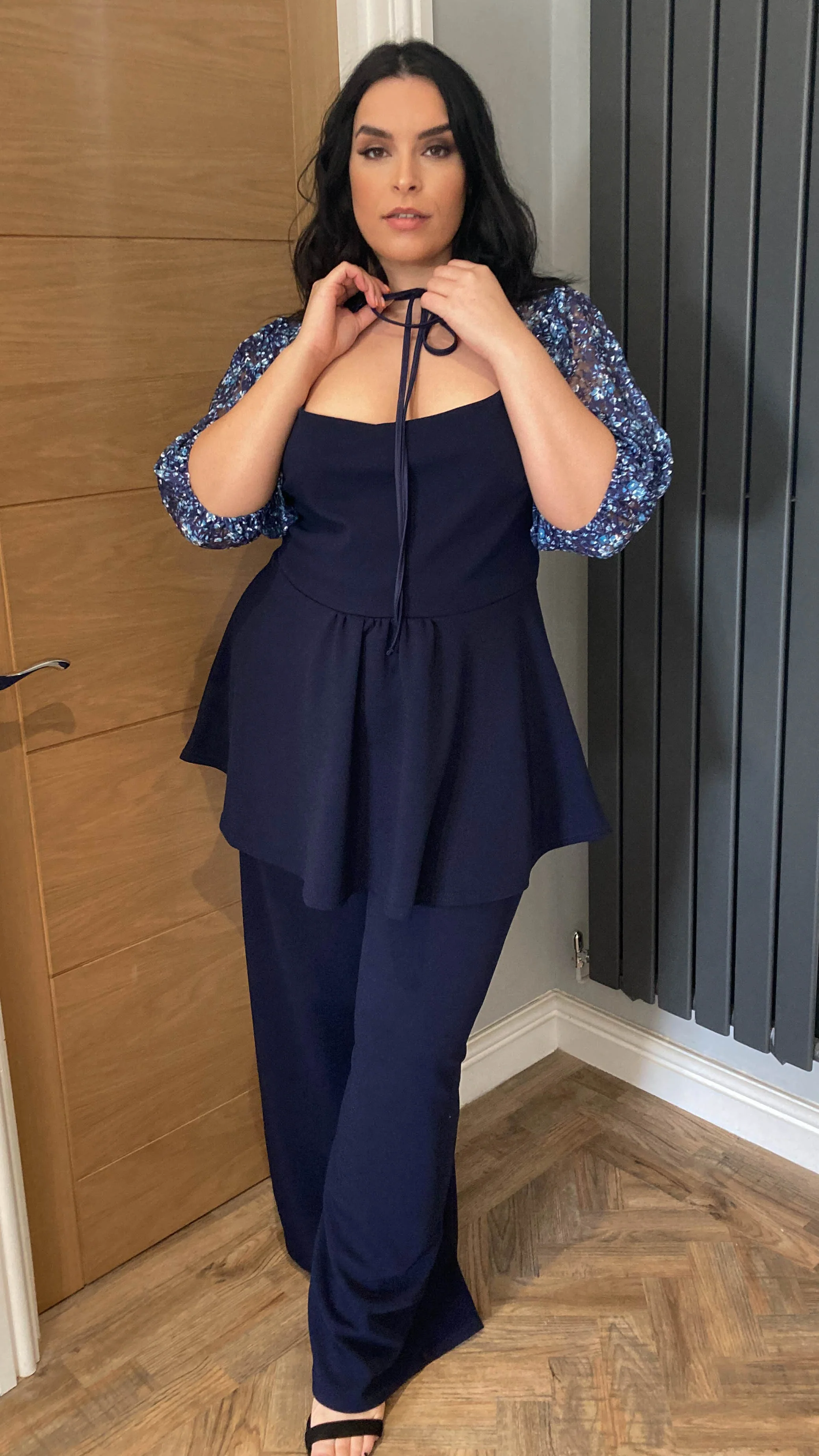 CurveWow Peplum Top With Mesh Sleeves Navy - Image 6