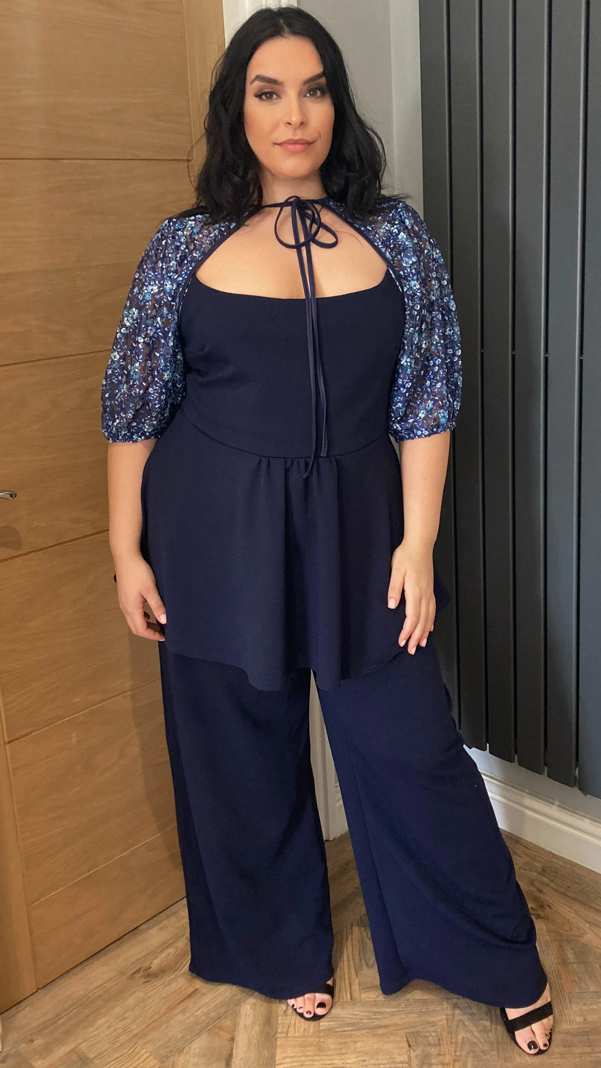 CurveWow Peplum Top With Mesh Sleeves Navy - Image 8