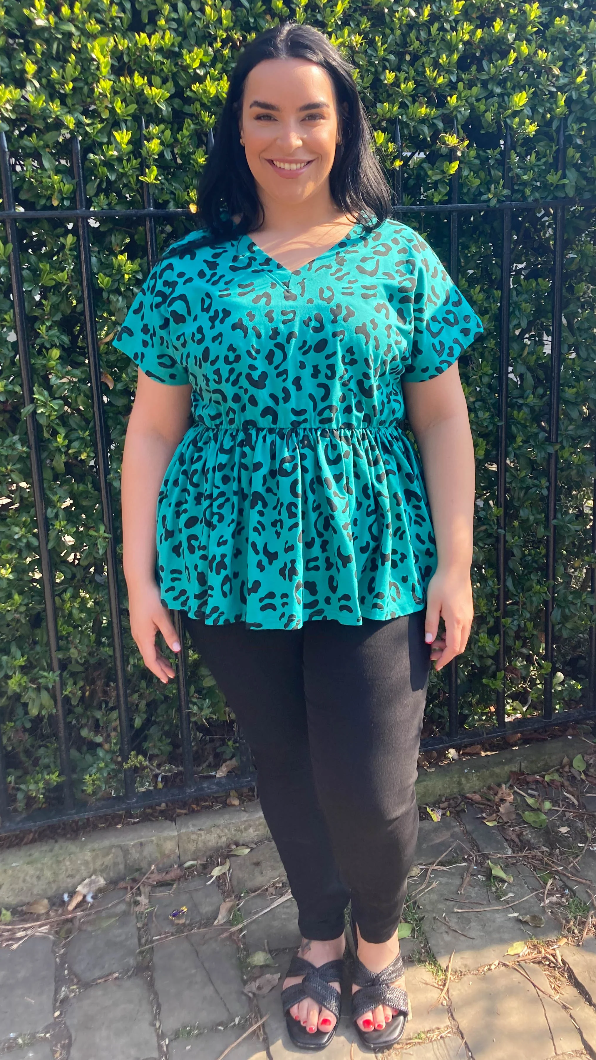 CurveWow Peplum V-Neck Green Leopard - Image 3
