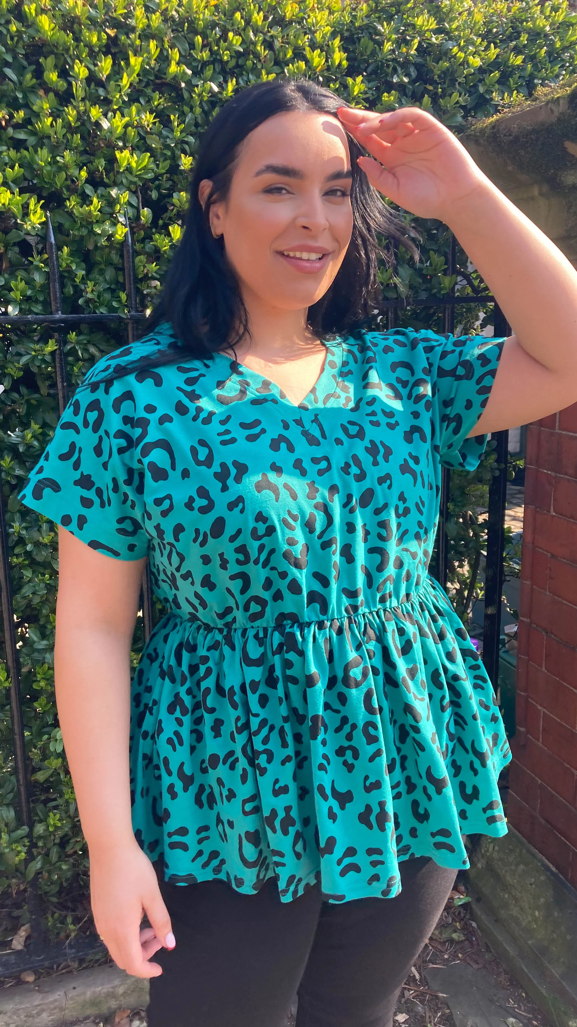 CurveWow Peplum V-Neck Green Leopard - Image 5