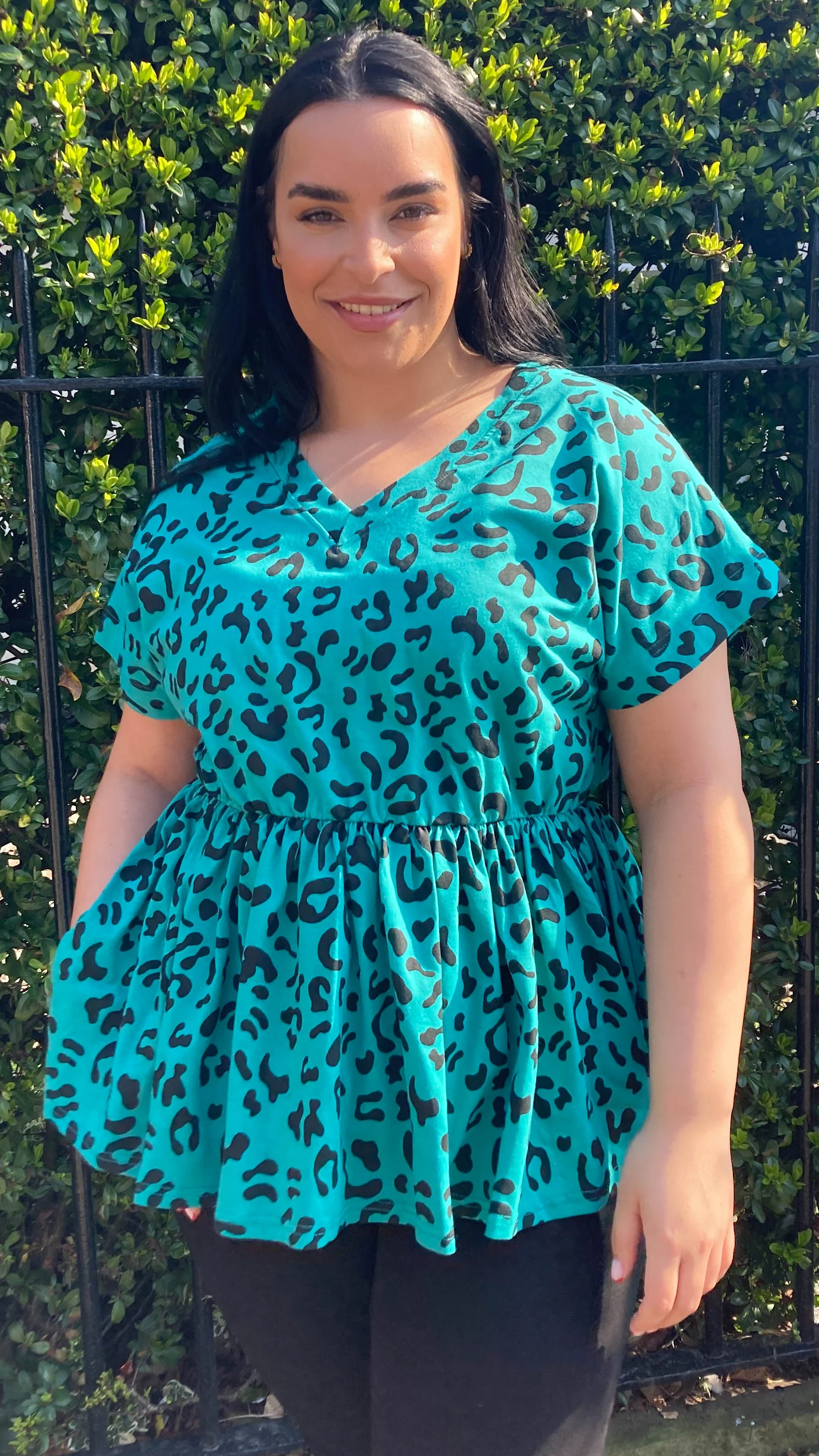 CurveWow Peplum V-Neck Green Leopard - Image 8