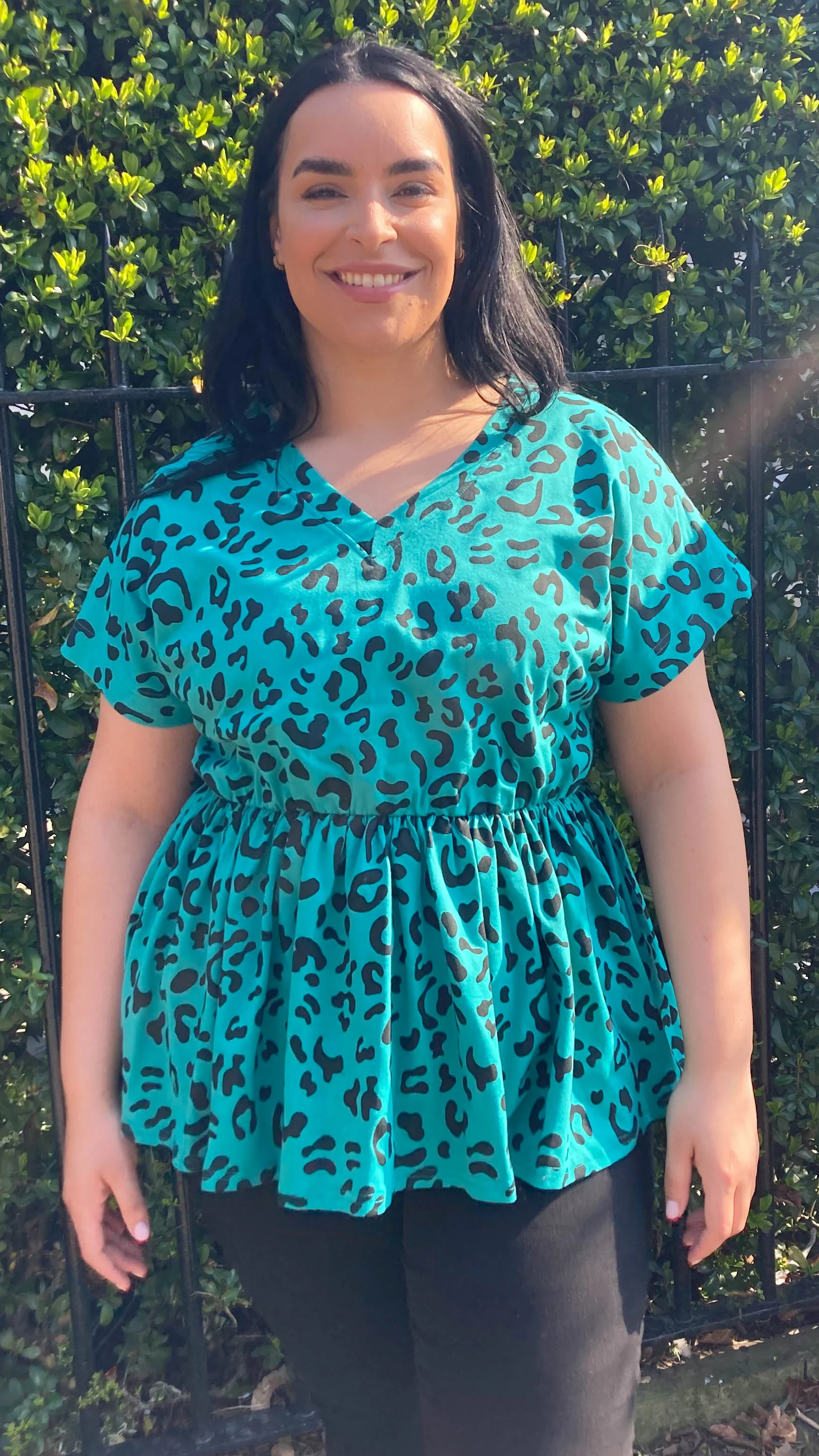 CurveWow Peplum V-Neck Green Leopard - Image 9