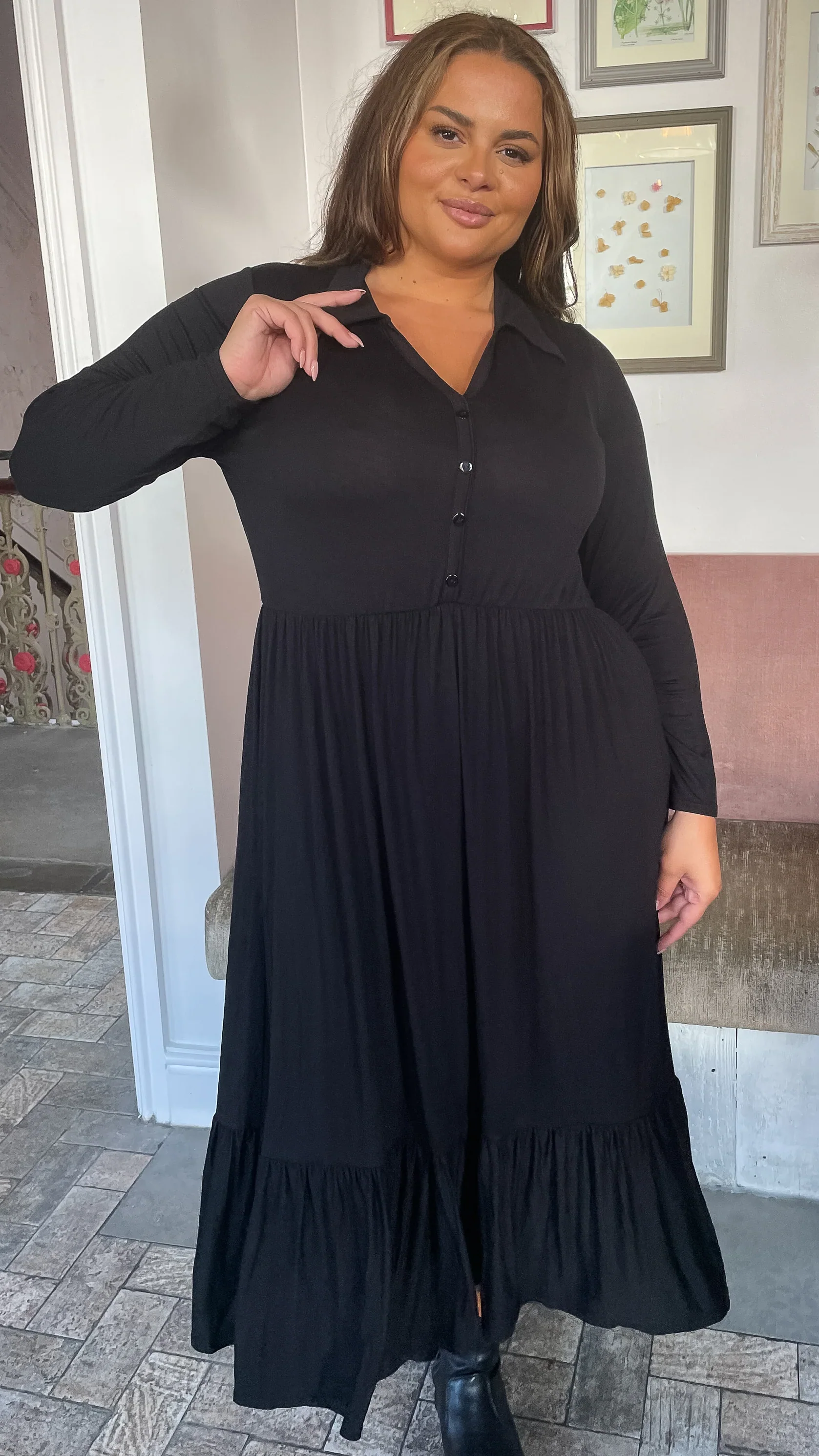 CurveWow Petite Collared Button Smock Dress Black - Image 3