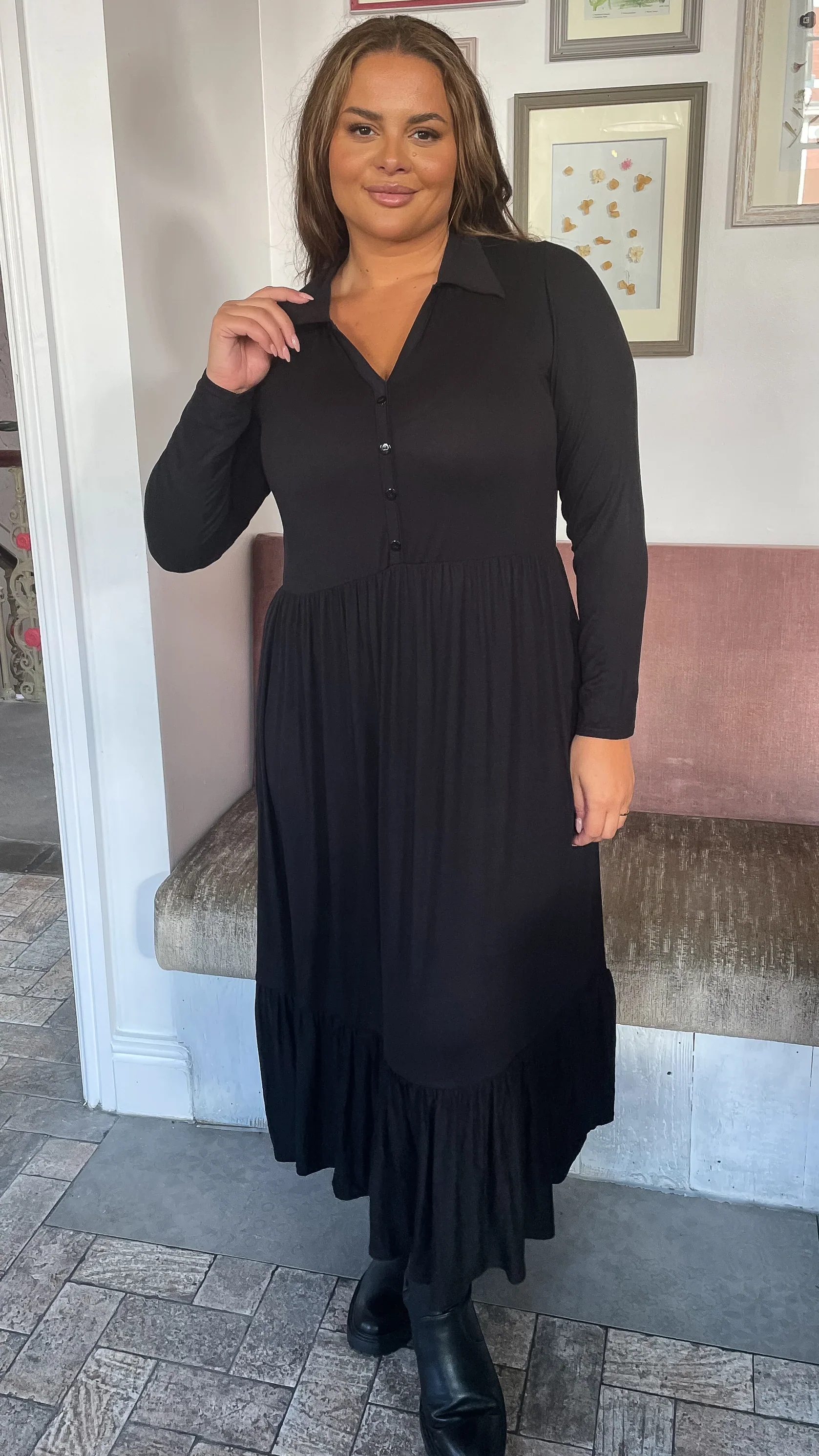 CurveWow Petite Collared Button Smock Dress Black - Image 4