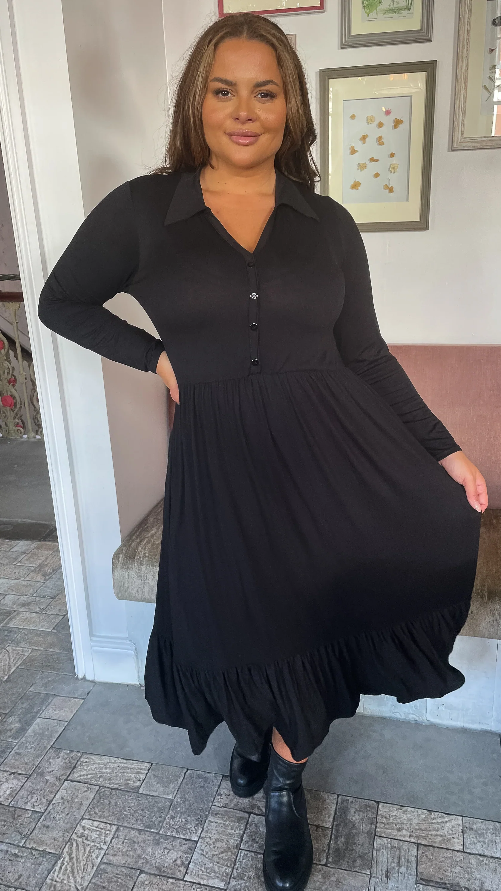 CurveWow Petite Collared Button Smock Dress Black - Image 5