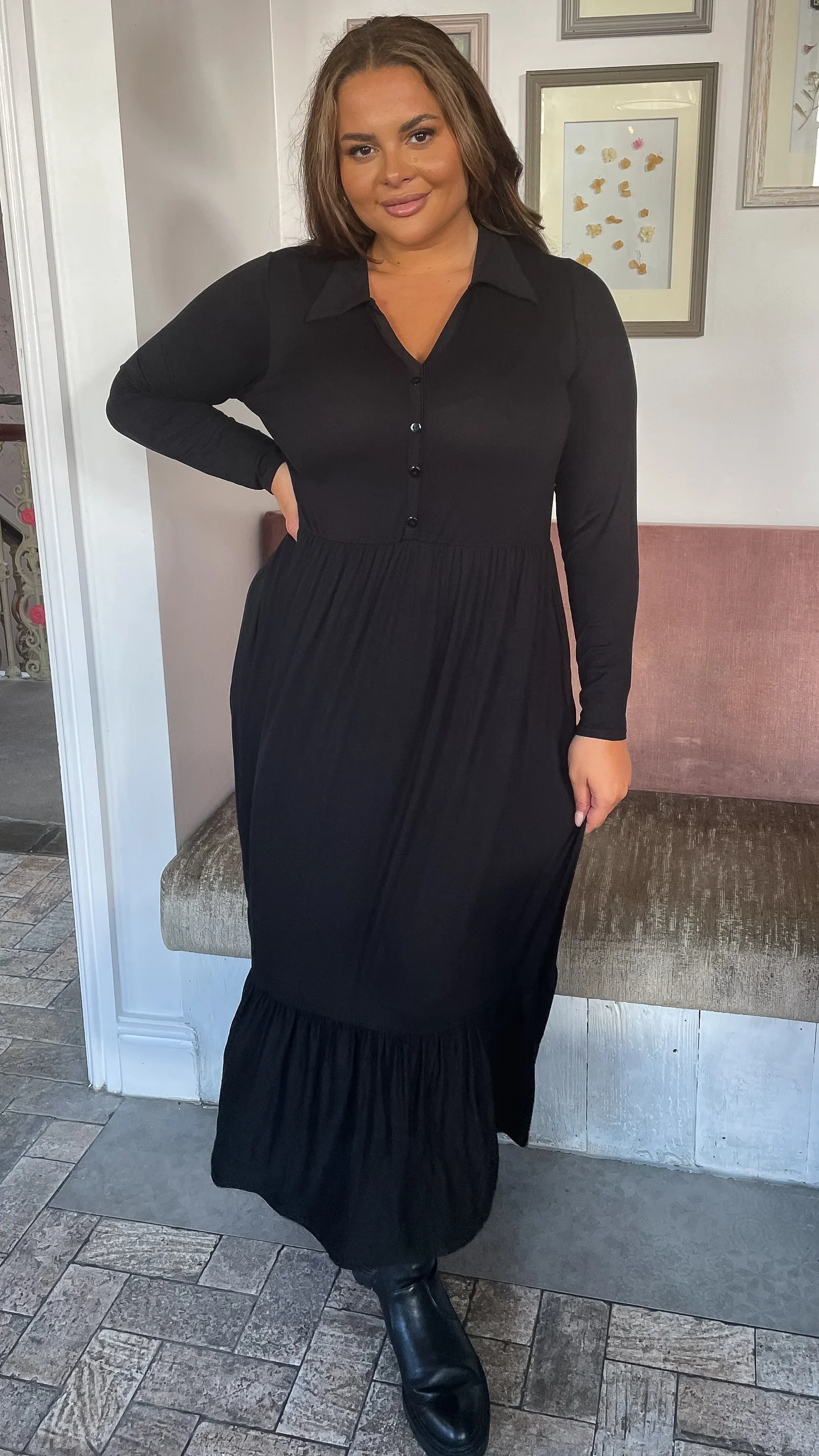 CurveWow Petite Collared Button Smock Dress Black - Image 6