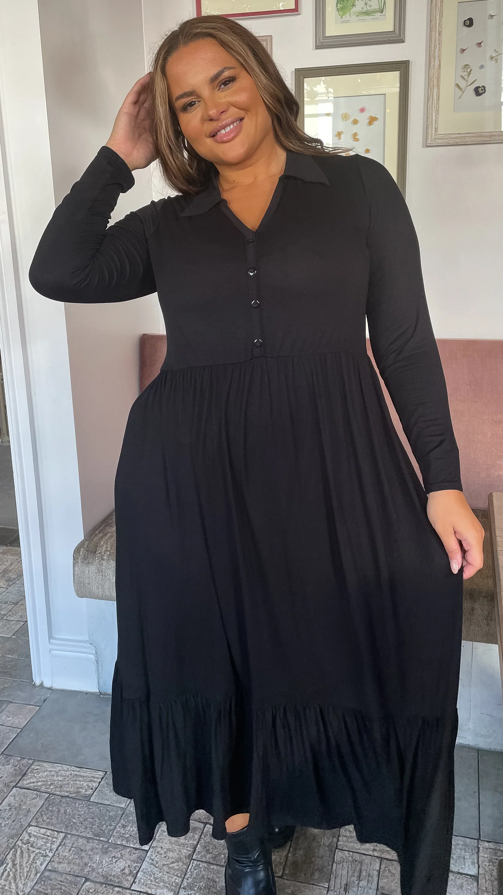 CurveWow Petite Collared Button Smock Dress Black - Image 7
