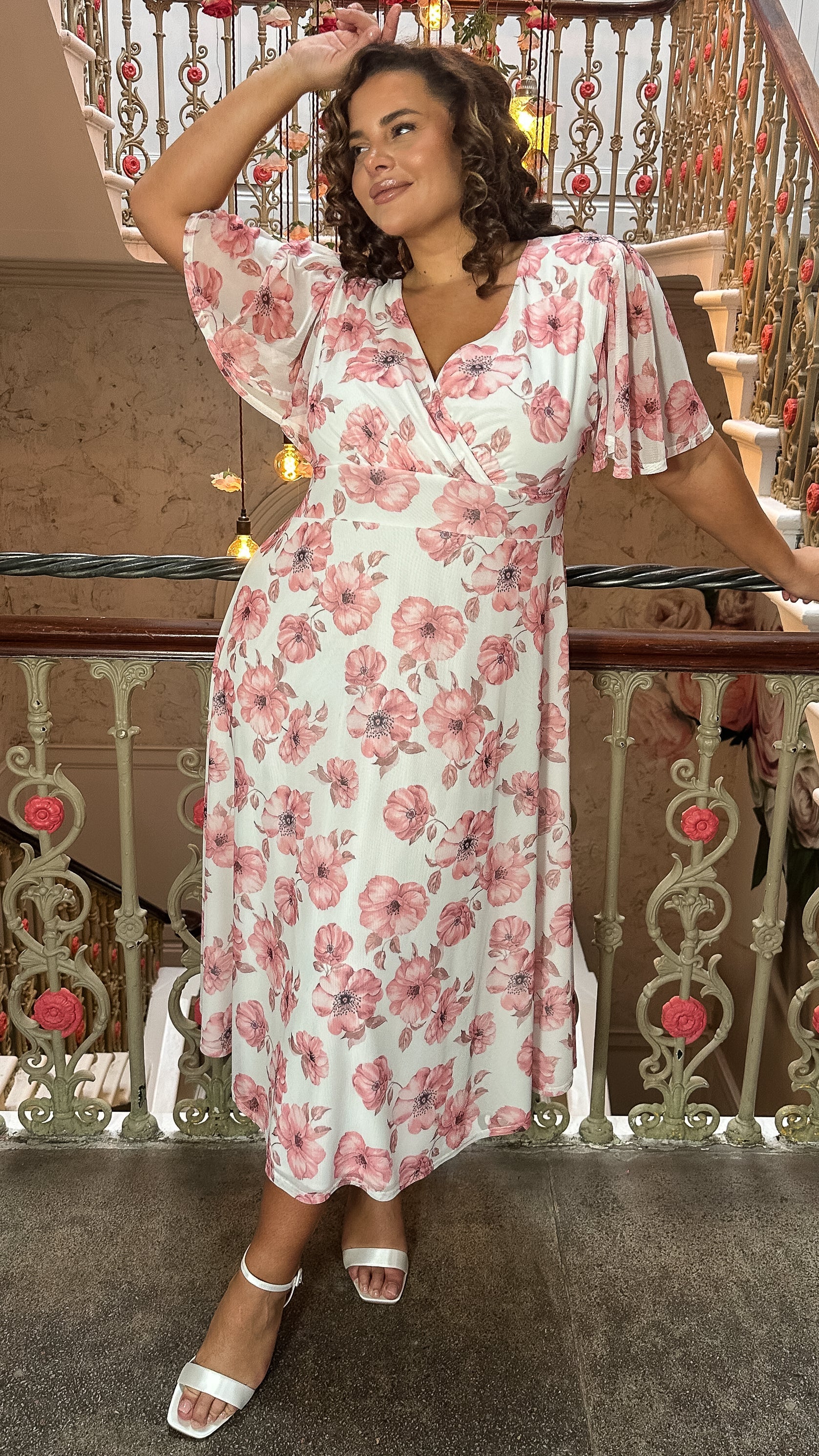 CurveWow Petite Mesh Angel Sleeve Dress Pink Floral