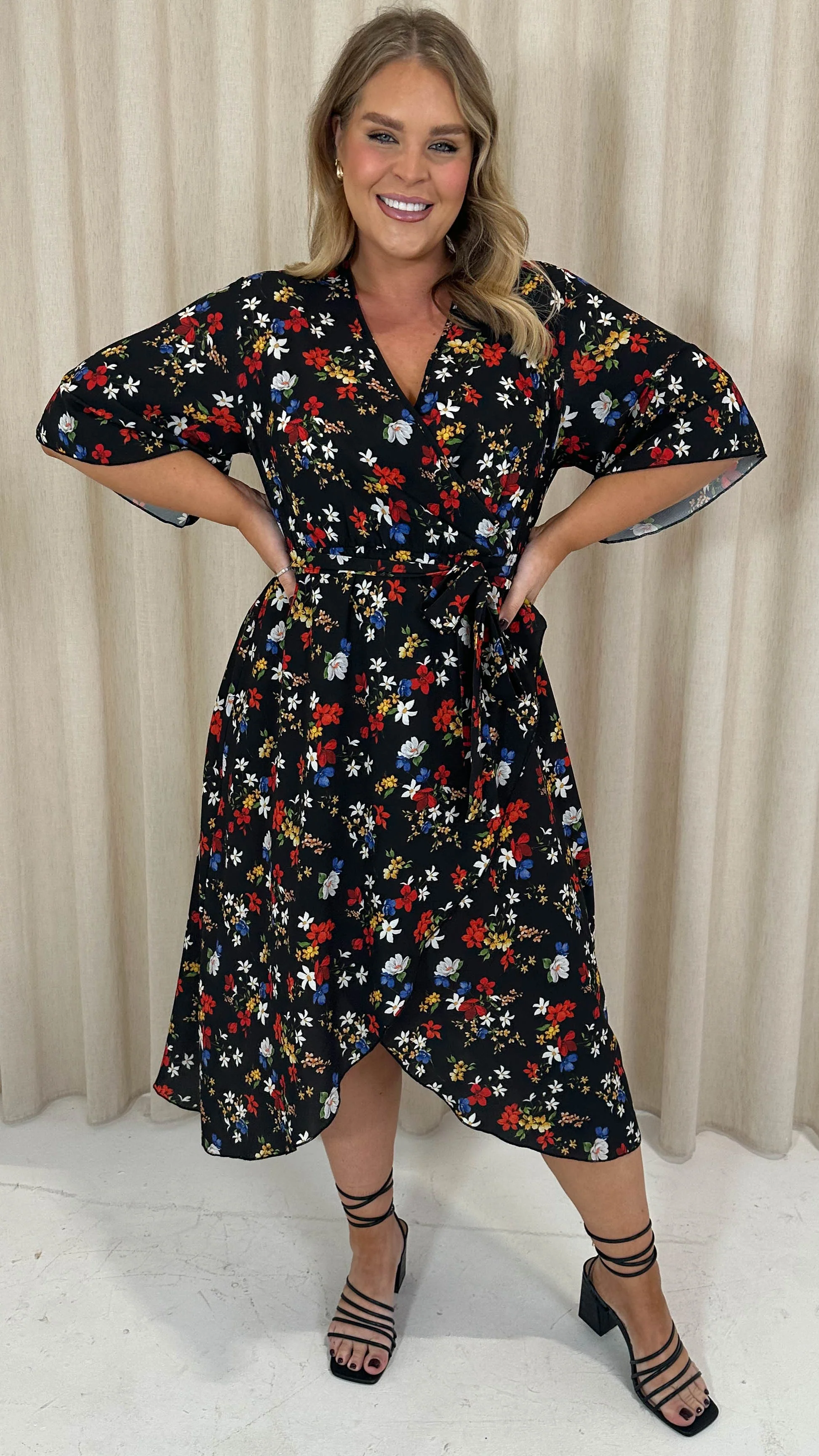 CurveWow Petite Wrap Angel Sleeve Dress Black Floral - Image 3