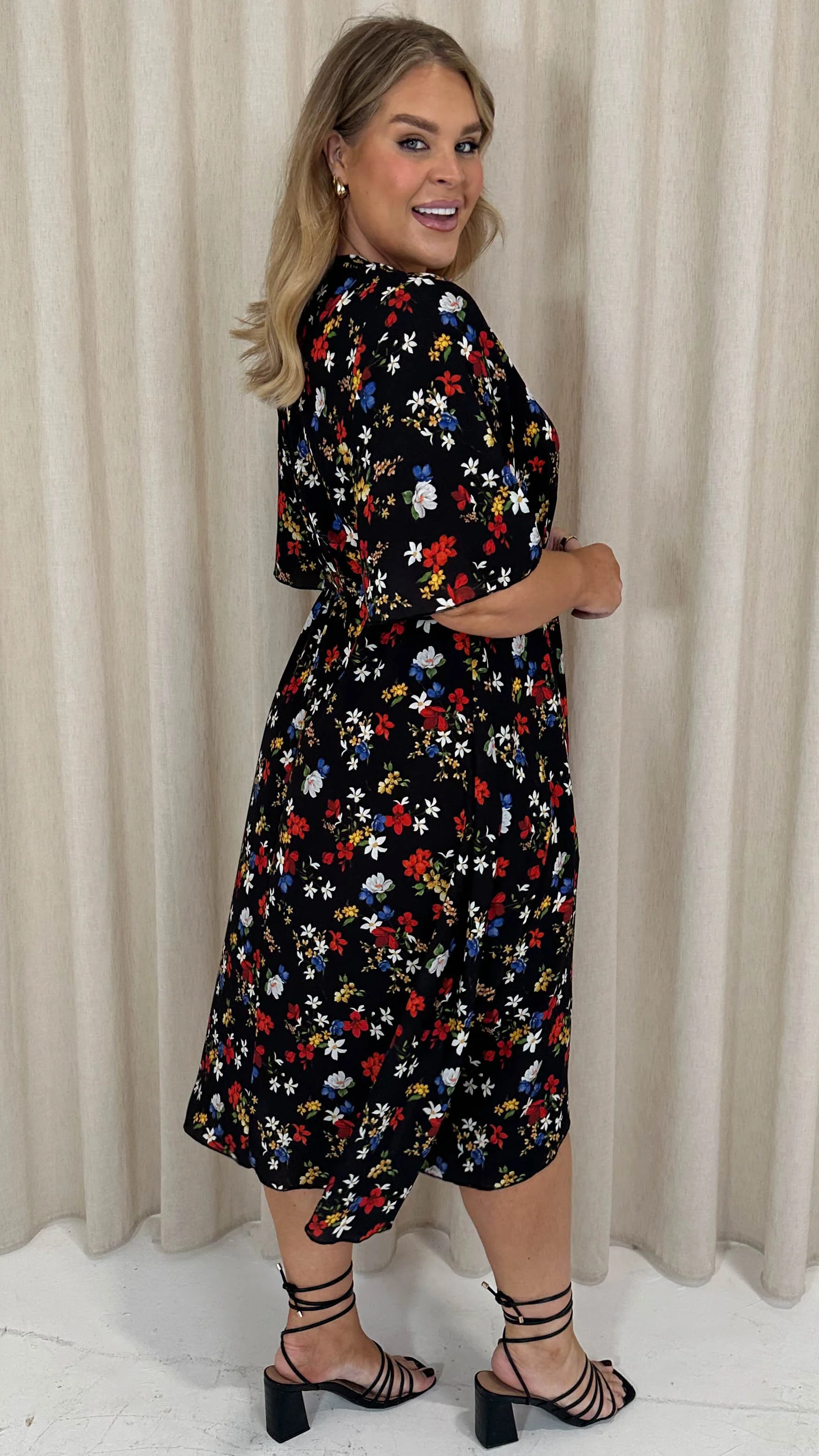 CurveWow Petite Wrap Angel Sleeve Dress Black Floral - Image 6