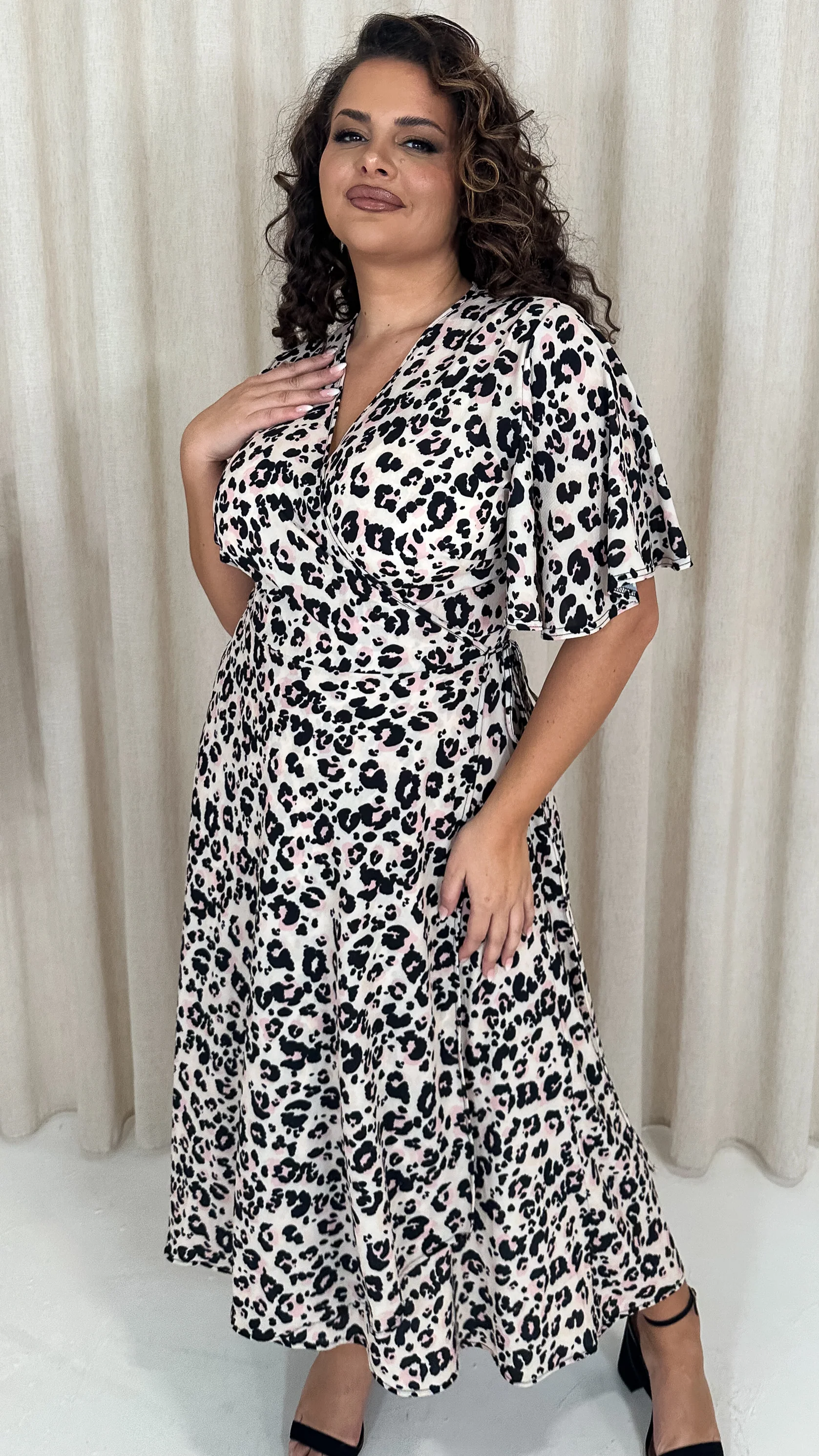 CurveWow Petite Wrap Angel Sleeve Dress Leopard - Image 3