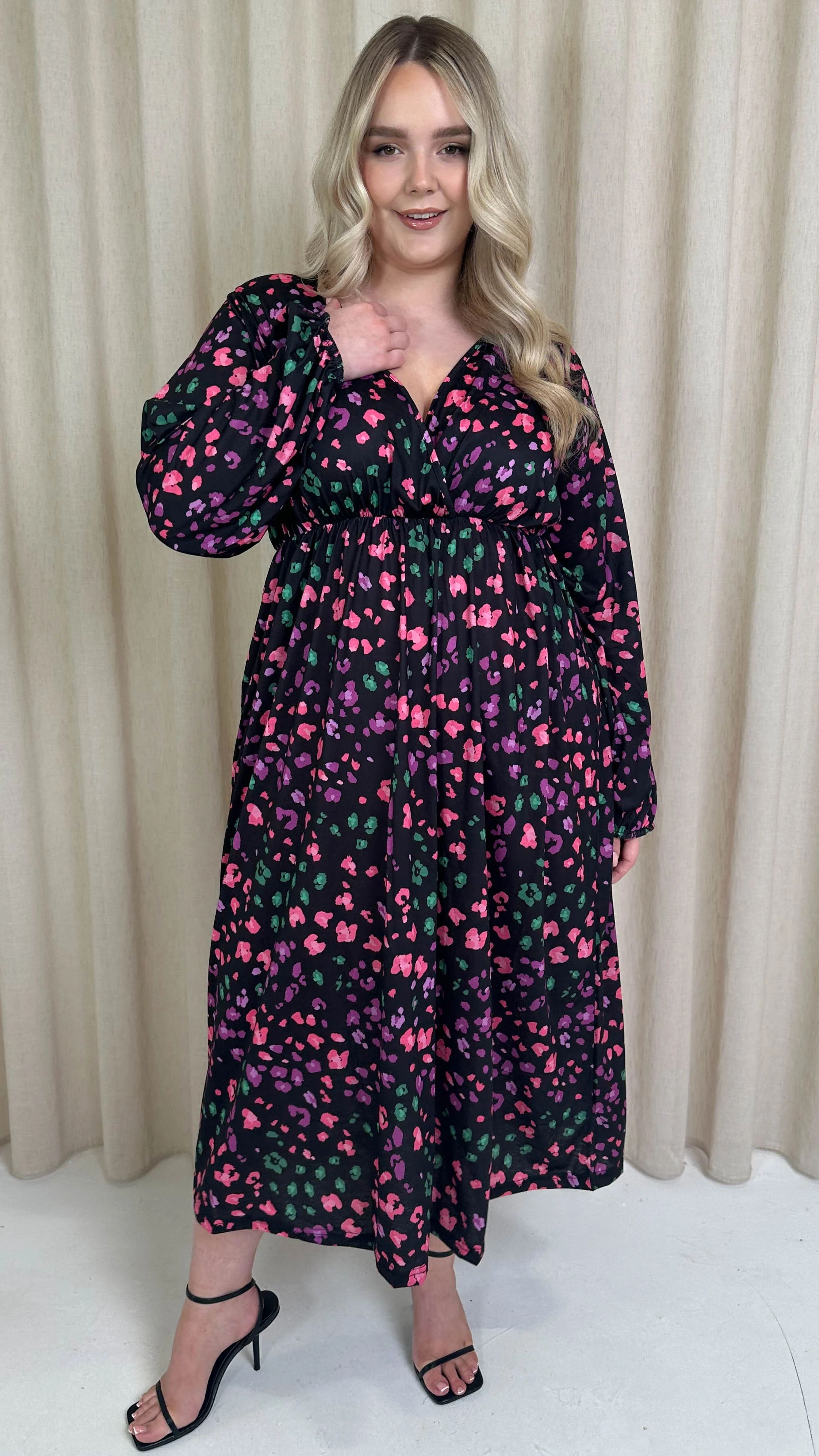 CurveWow Petite Wrap Balloon Sleeve Midaxi Dress Multi Animal - Image 3