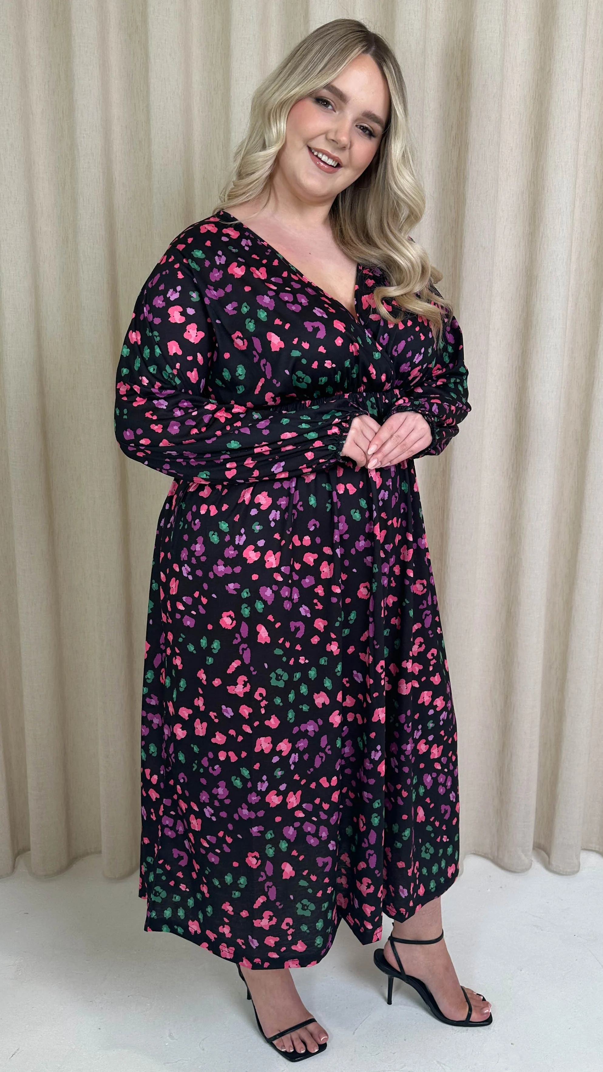 CurveWow Petite Wrap Balloon Sleeve Midaxi Dress Multi Animal - Image 4