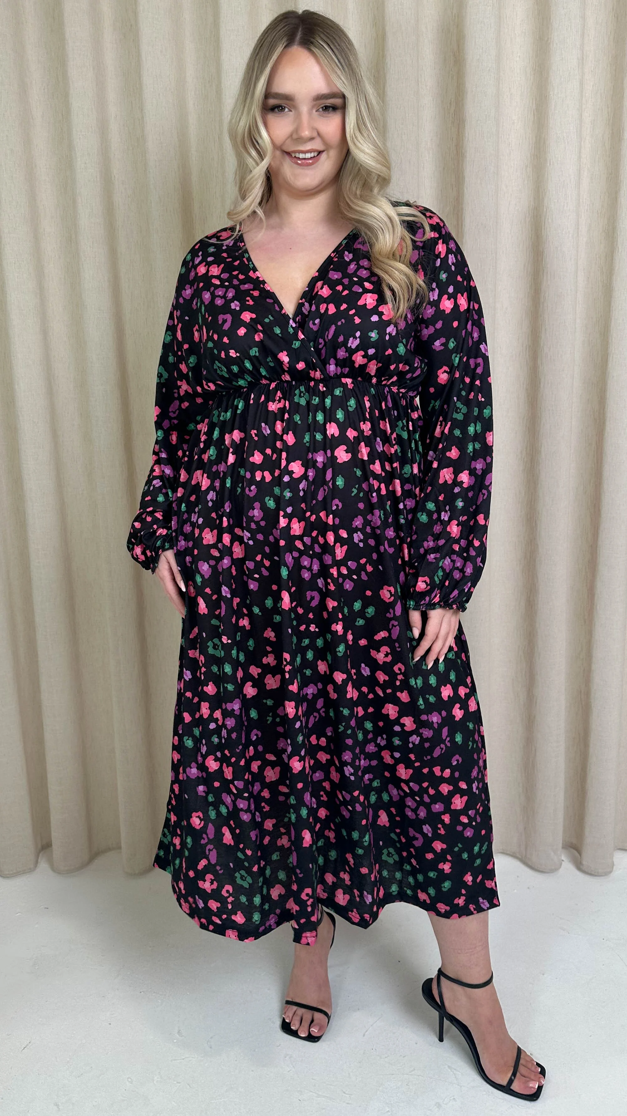 CurveWow Petite Wrap Balloon Sleeve Midaxi Dress Multi Animal - Image 5
