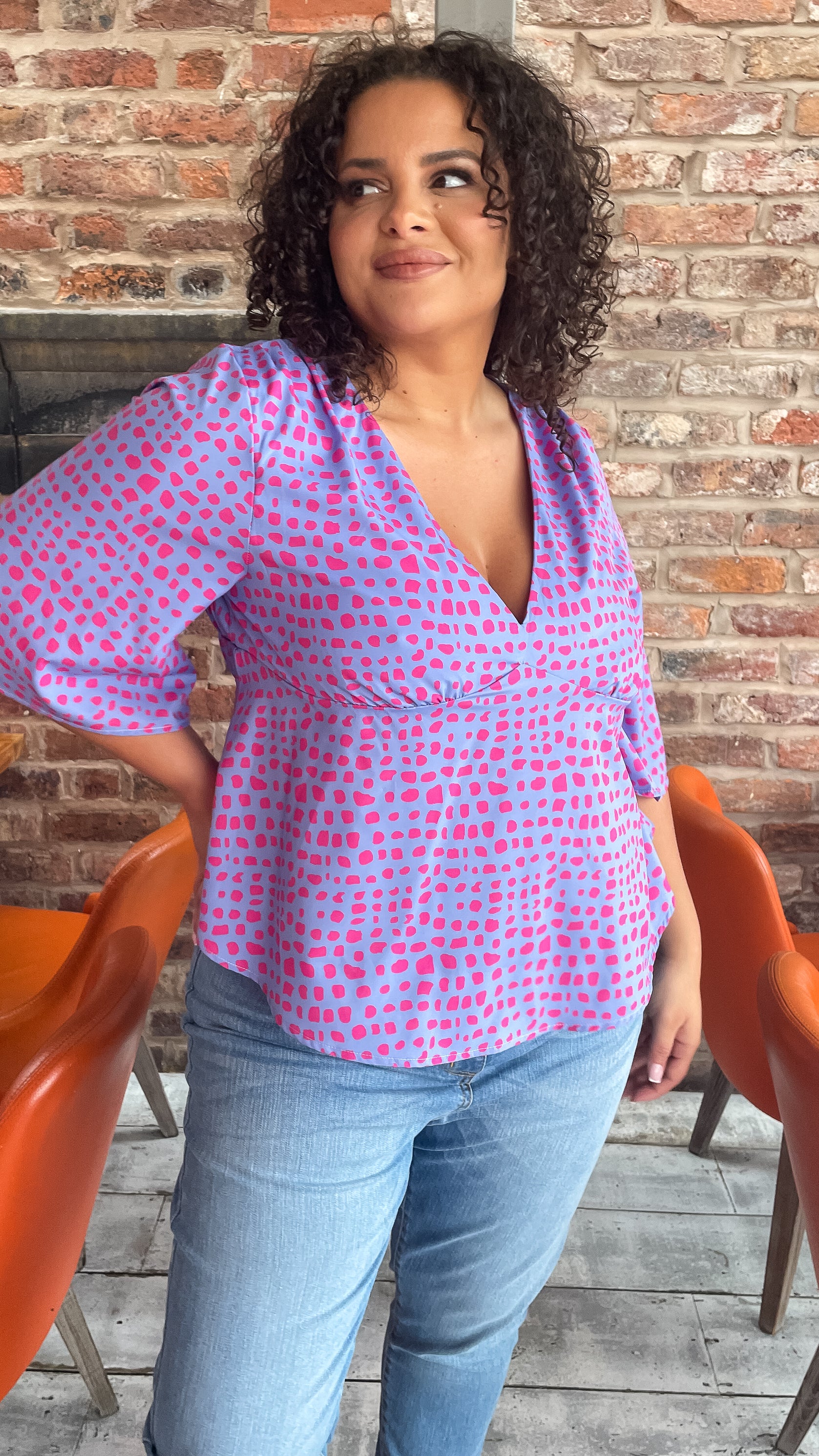 CurveWow Lilac & Pink Spot Flutter Sleeve Top - Image 6