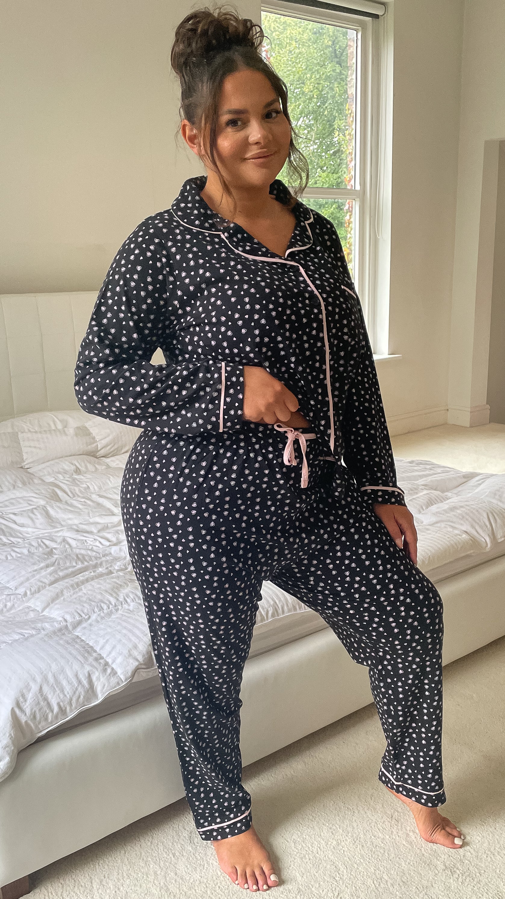 CurveWow Long Sleeve PJ Set Black With Pink Hearts - Image 6