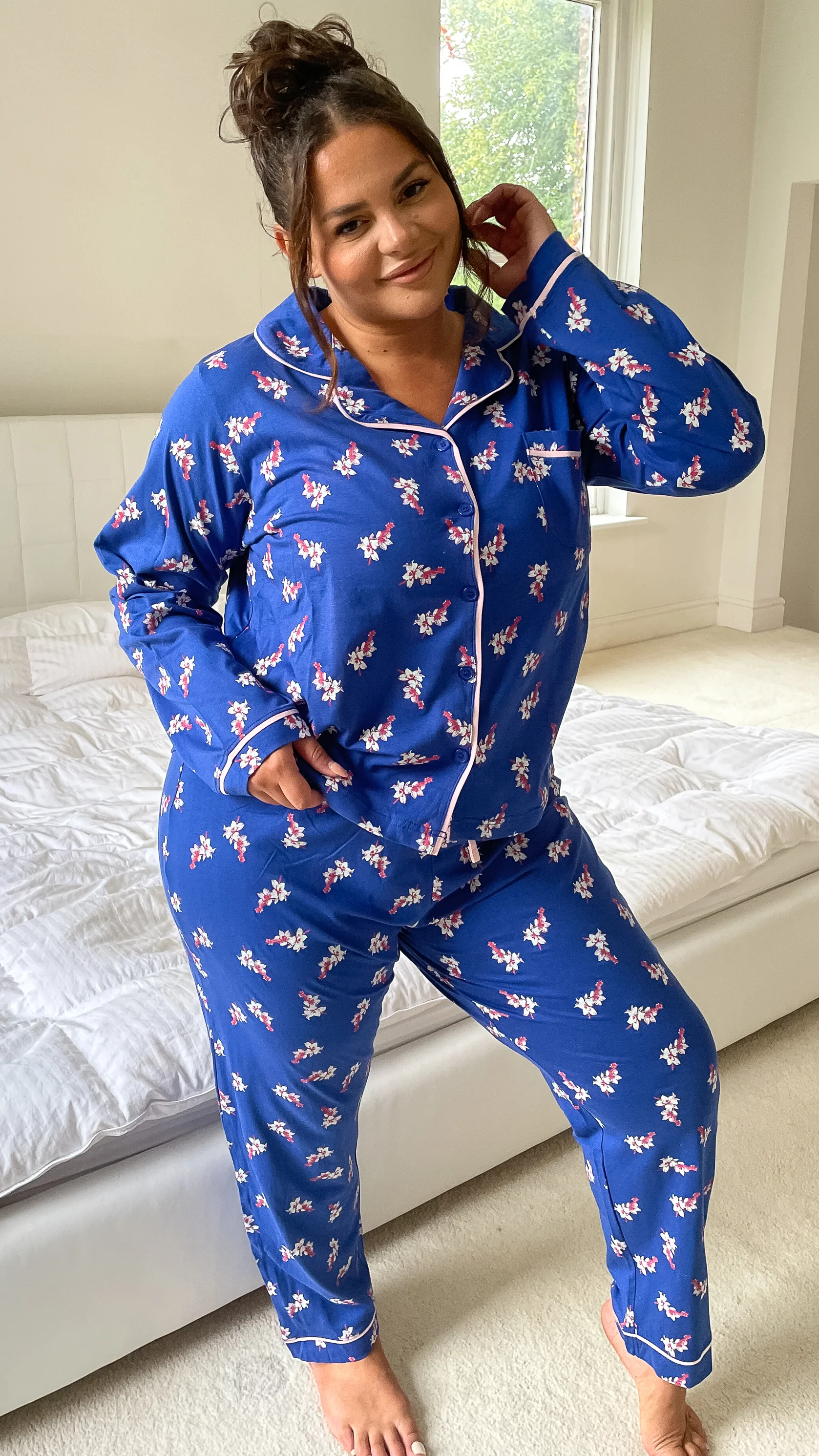 CurveWow Long Sleeve PJ Set Navy With Pink Floral - Image 5