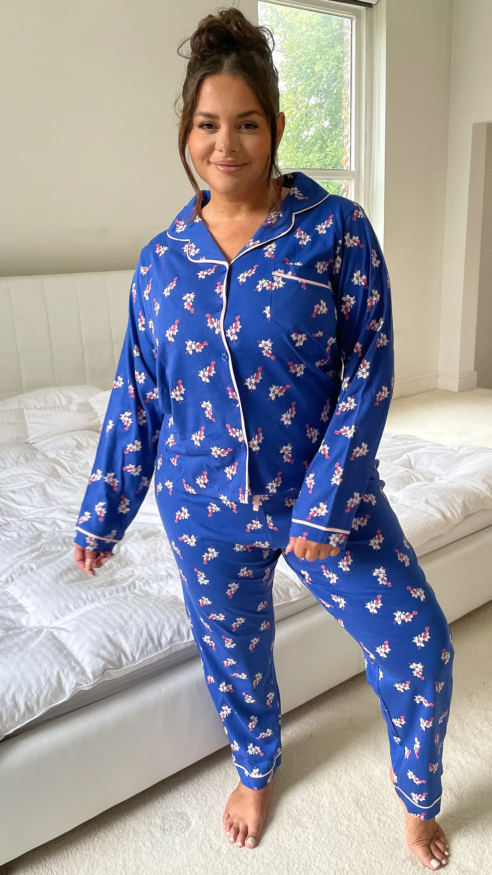 CurveWow Long Sleeve PJ Set Navy With Pink Floral - Image 7