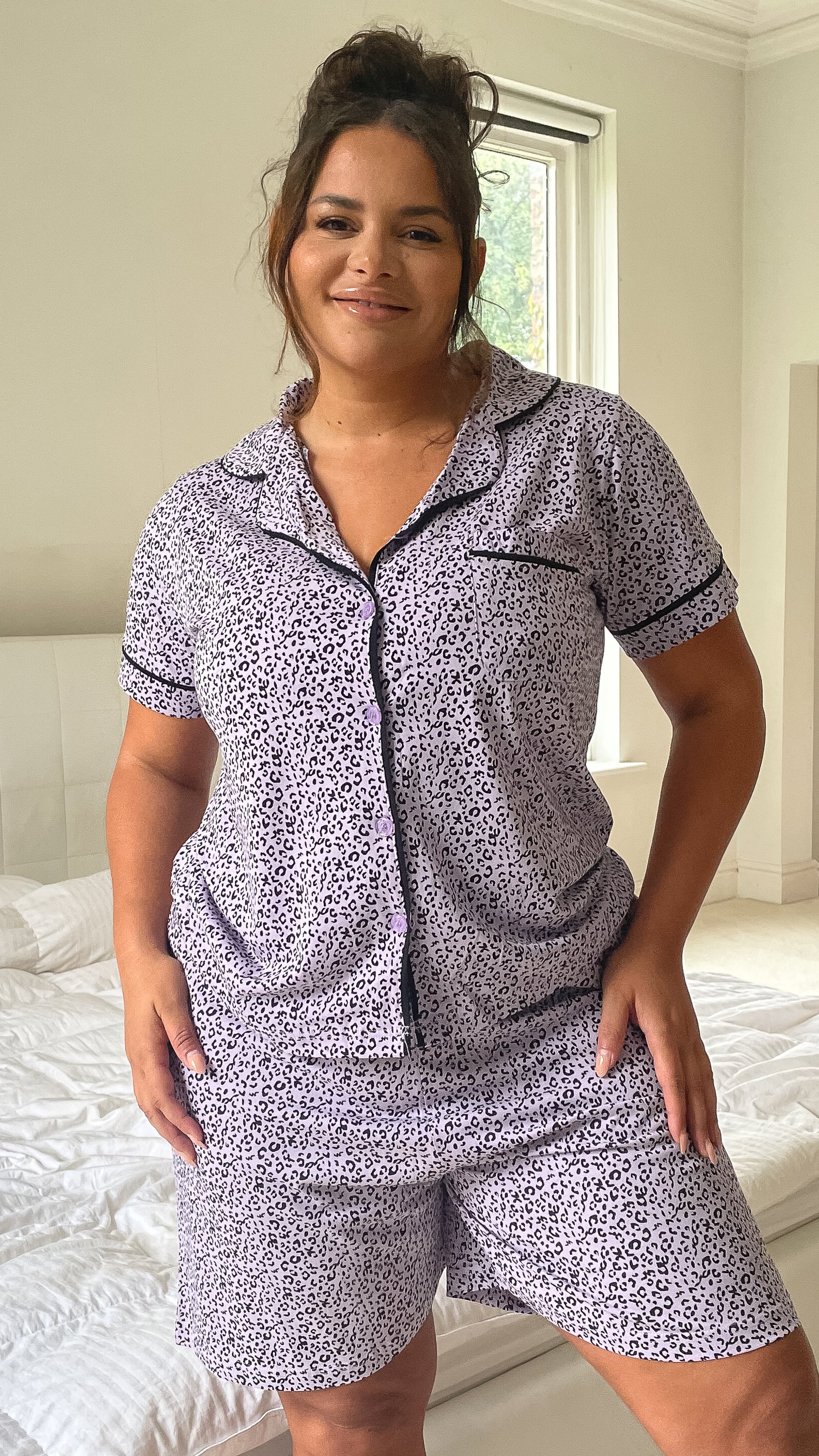 CurveWow Shirt & Shorts PJ Set Lilac Animal Print - Image 3