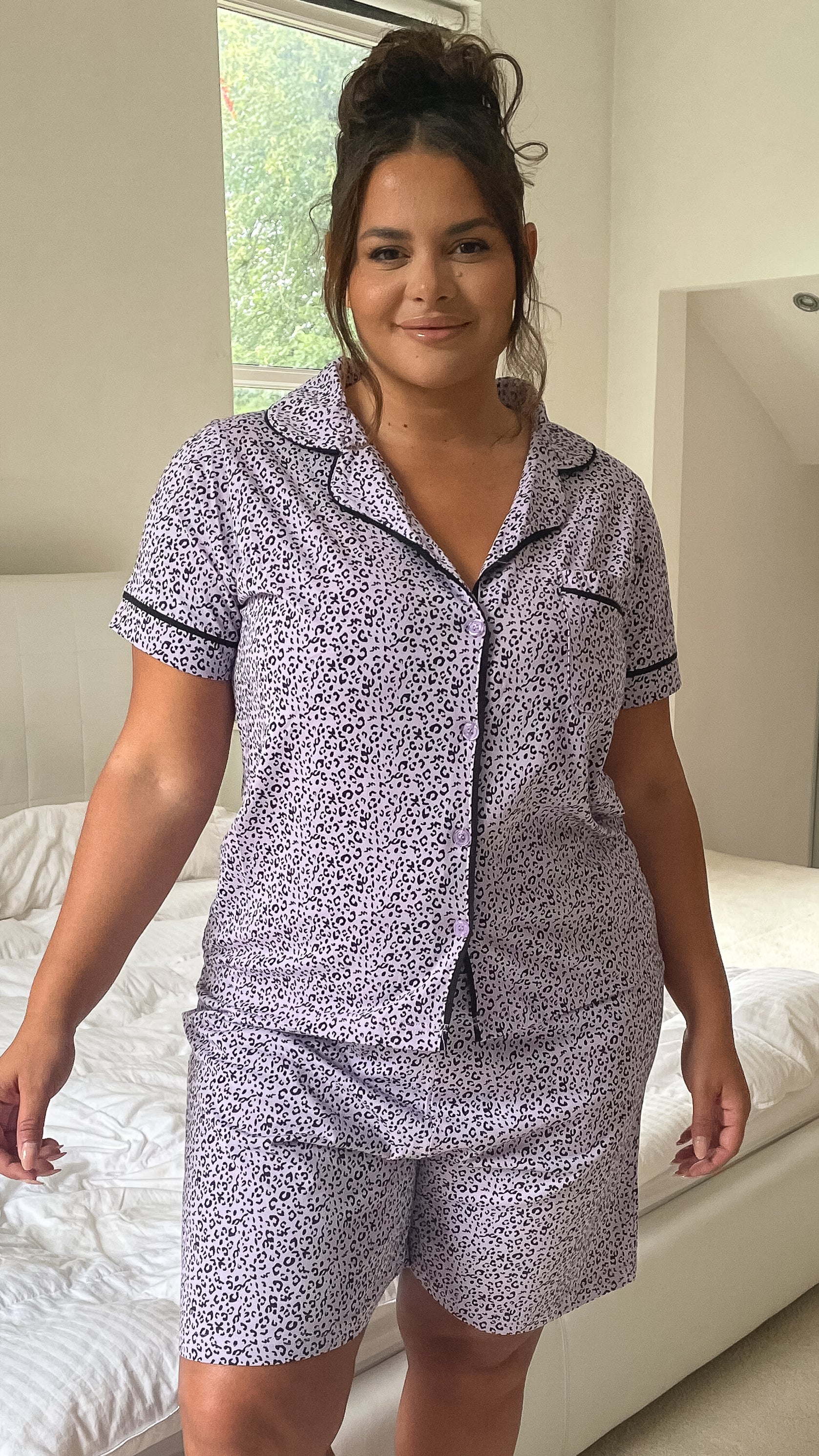 CurveWow Shirt & Shorts PJ Set Lilac Animal Print - Image 6