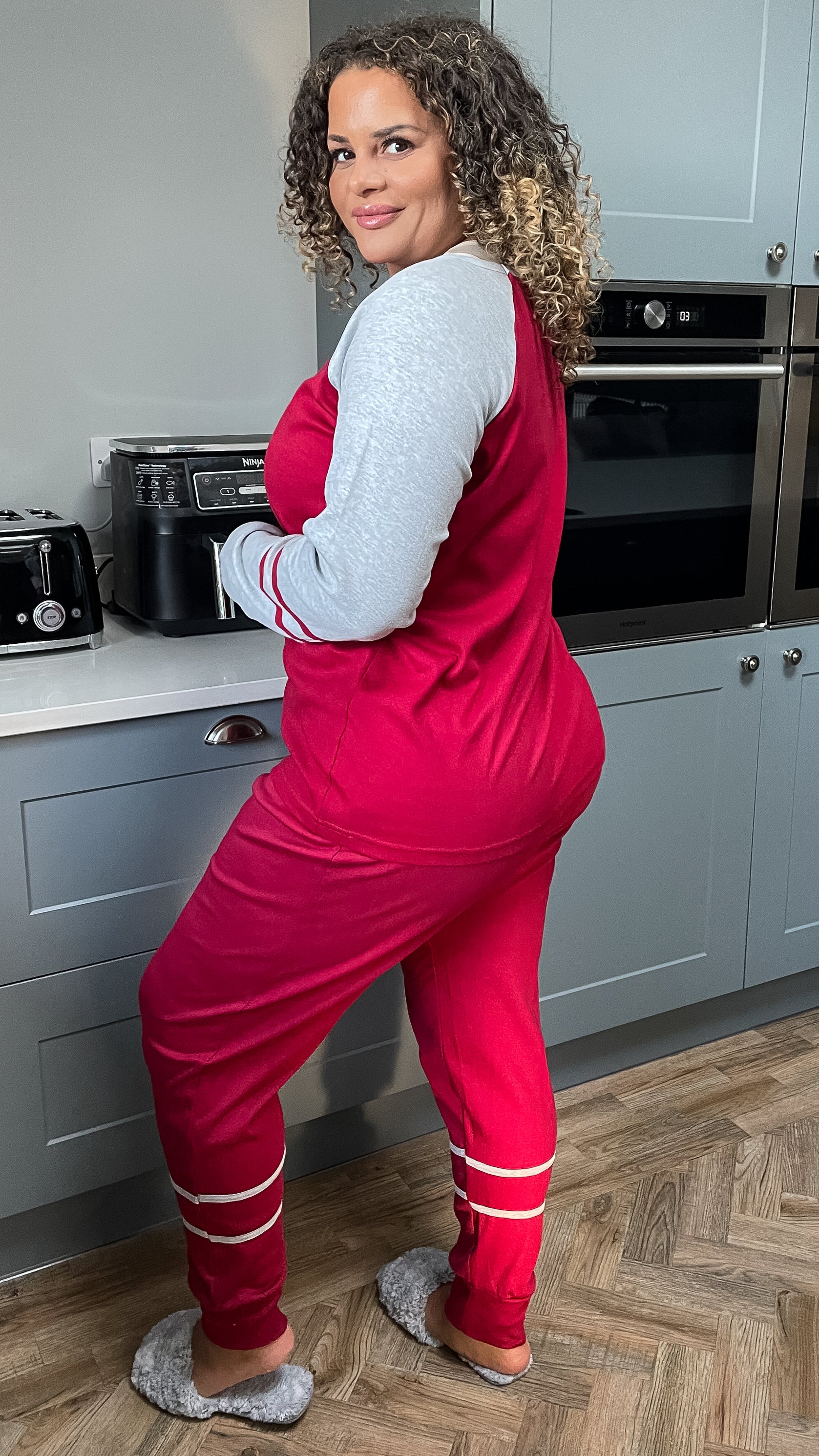 CurveWow PJ Set With Sport Stripe Wine/Grey - Image 2