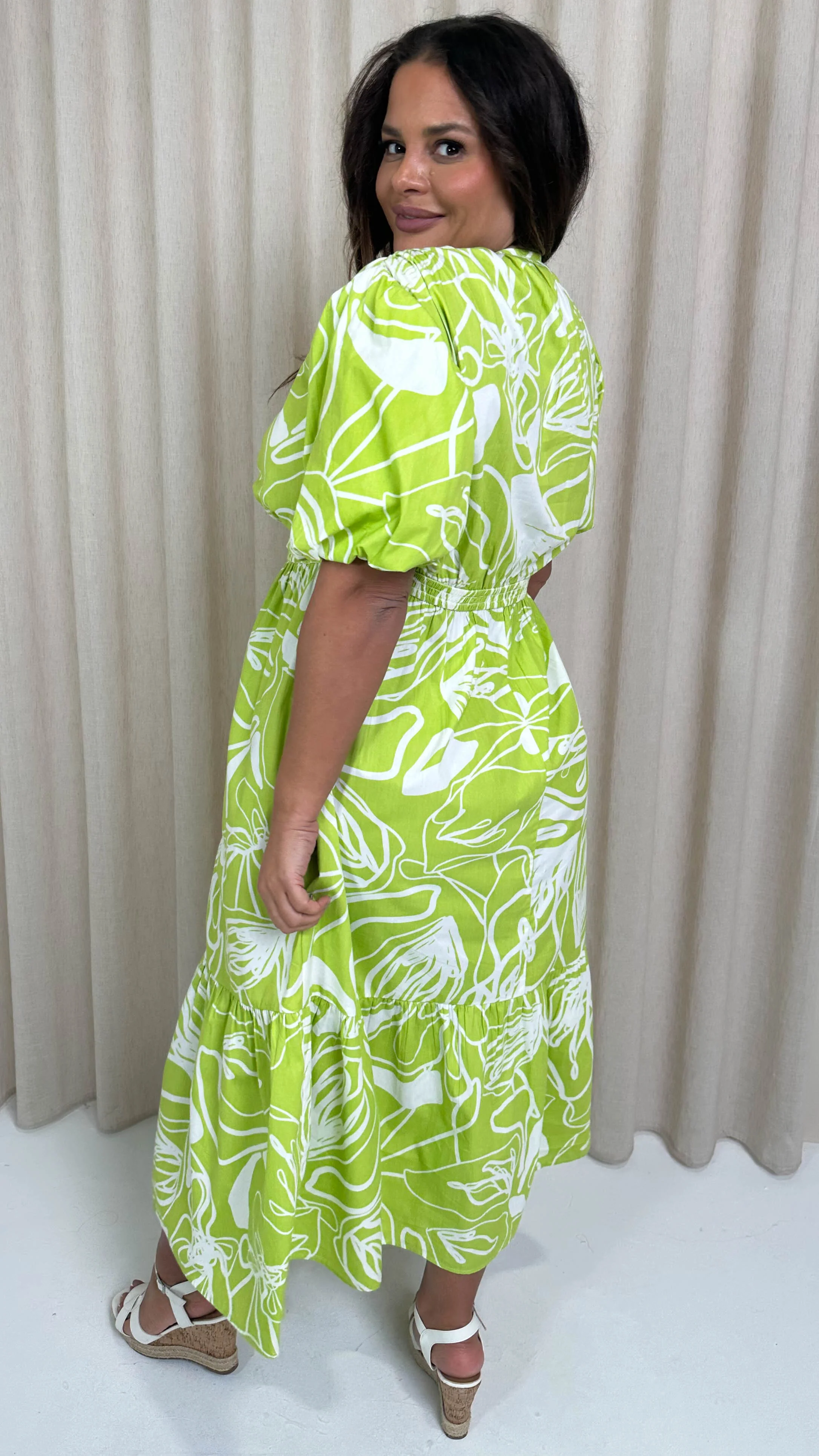 CurveWow Puff Sleeve Vneck Maxi Dress Lime Abstract - Image 9