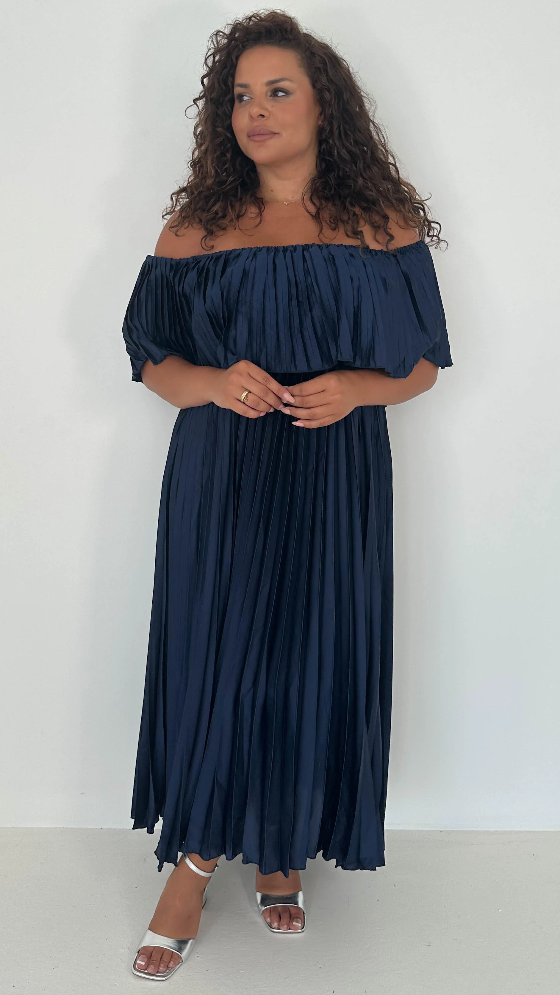 CurveWow Pleated Bardot Maxi Dress Navy - Image 2