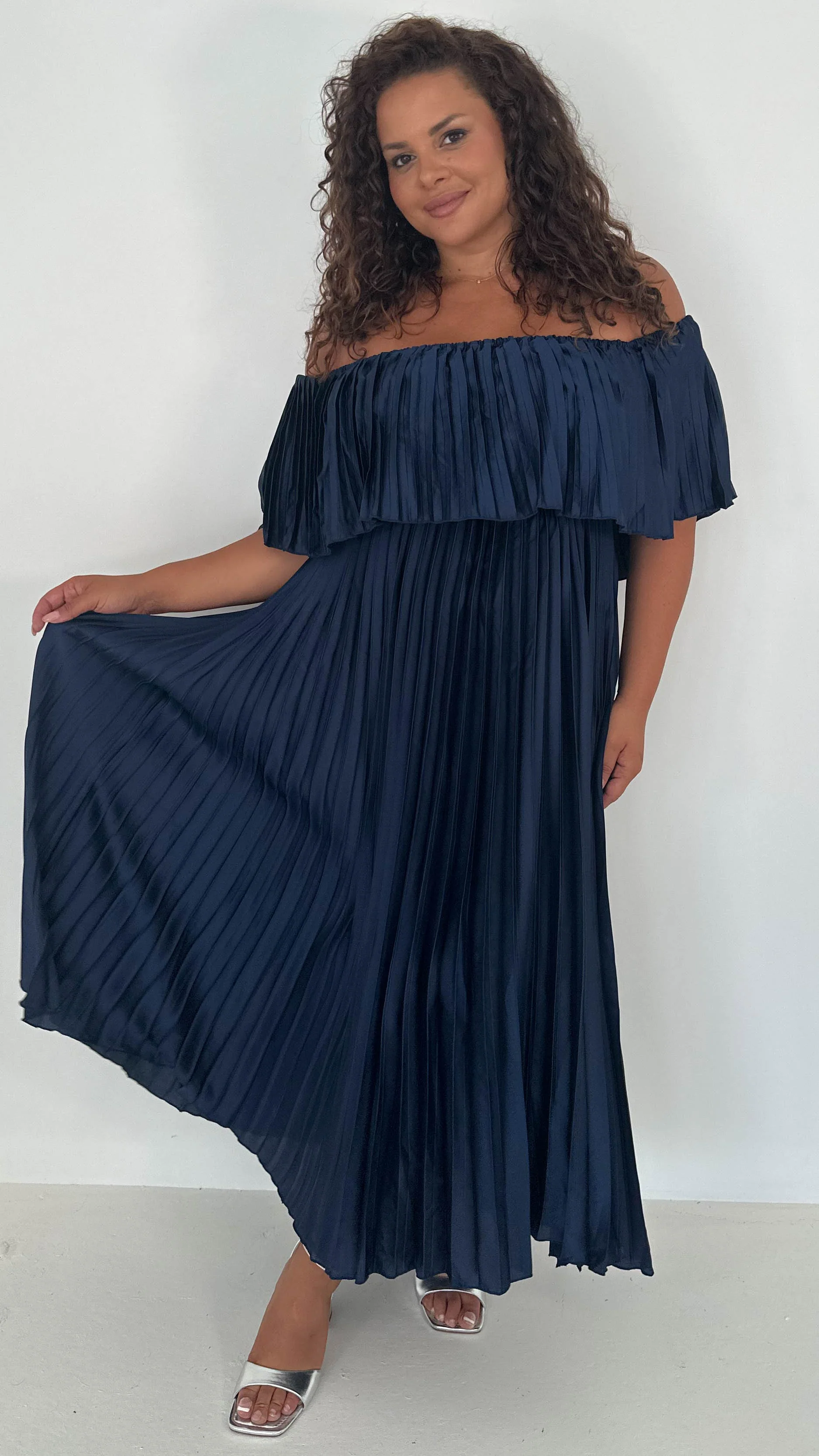 CurveWow Pleated Bardot Maxi Dress Navy - Image 3