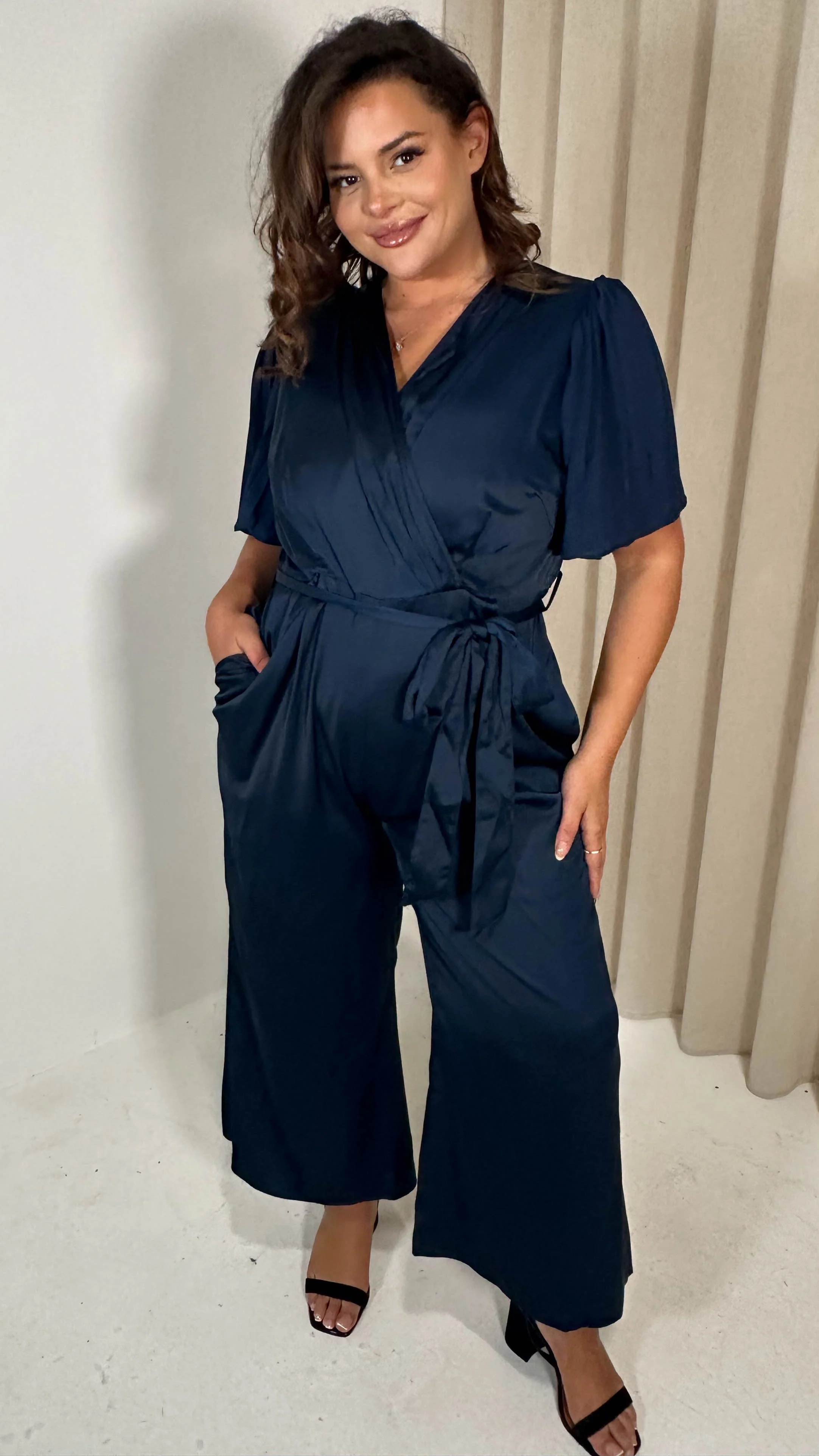 CurveWow Pleated Sleeve Wrap Jumpsuit Navy - Image 3