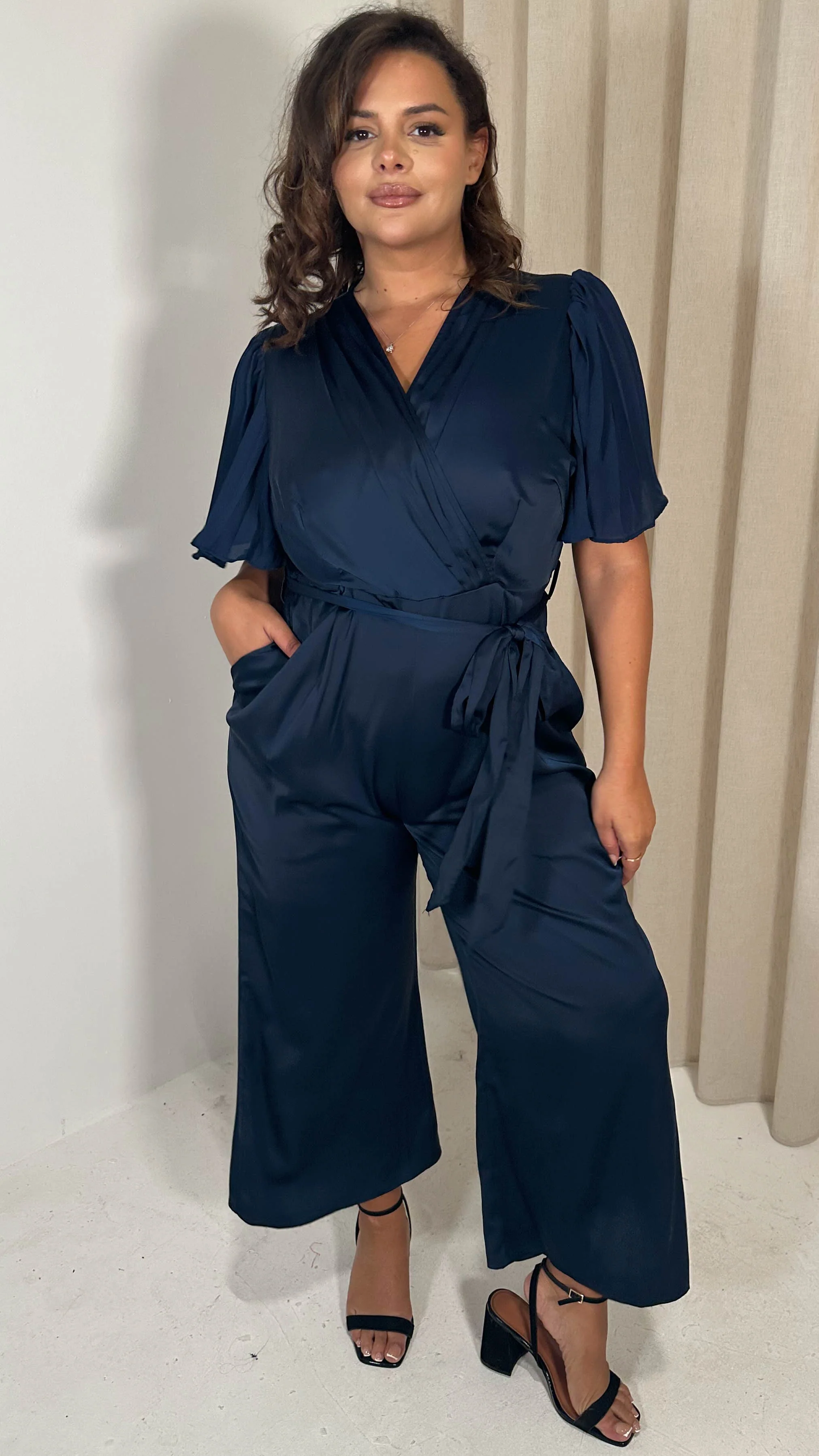 CurveWow Pleated Sleeve Wrap Jumpsuit Navy - Image 4