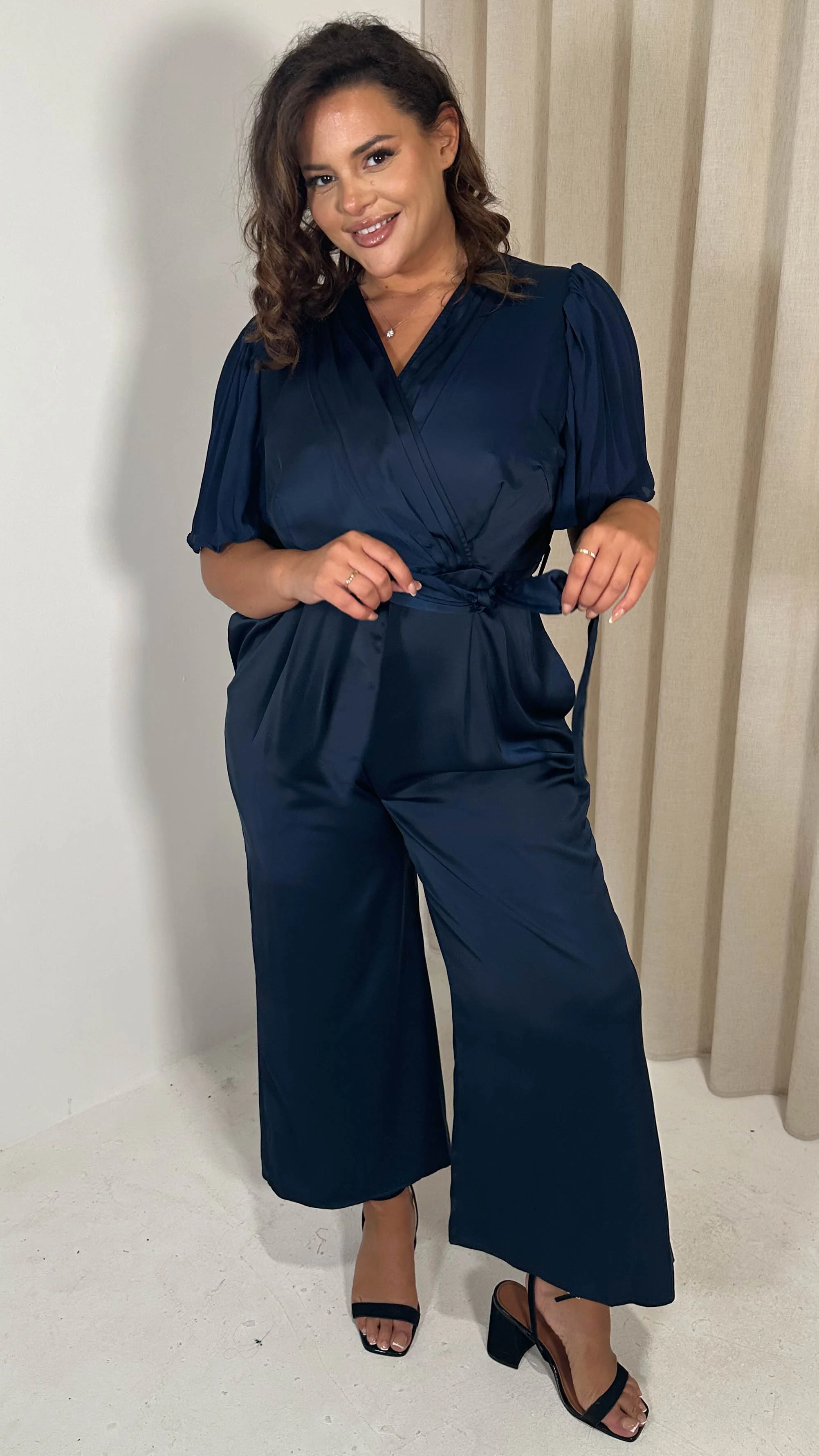 CurveWow Pleated Sleeve Wrap Jumpsuit Navy - Image 5