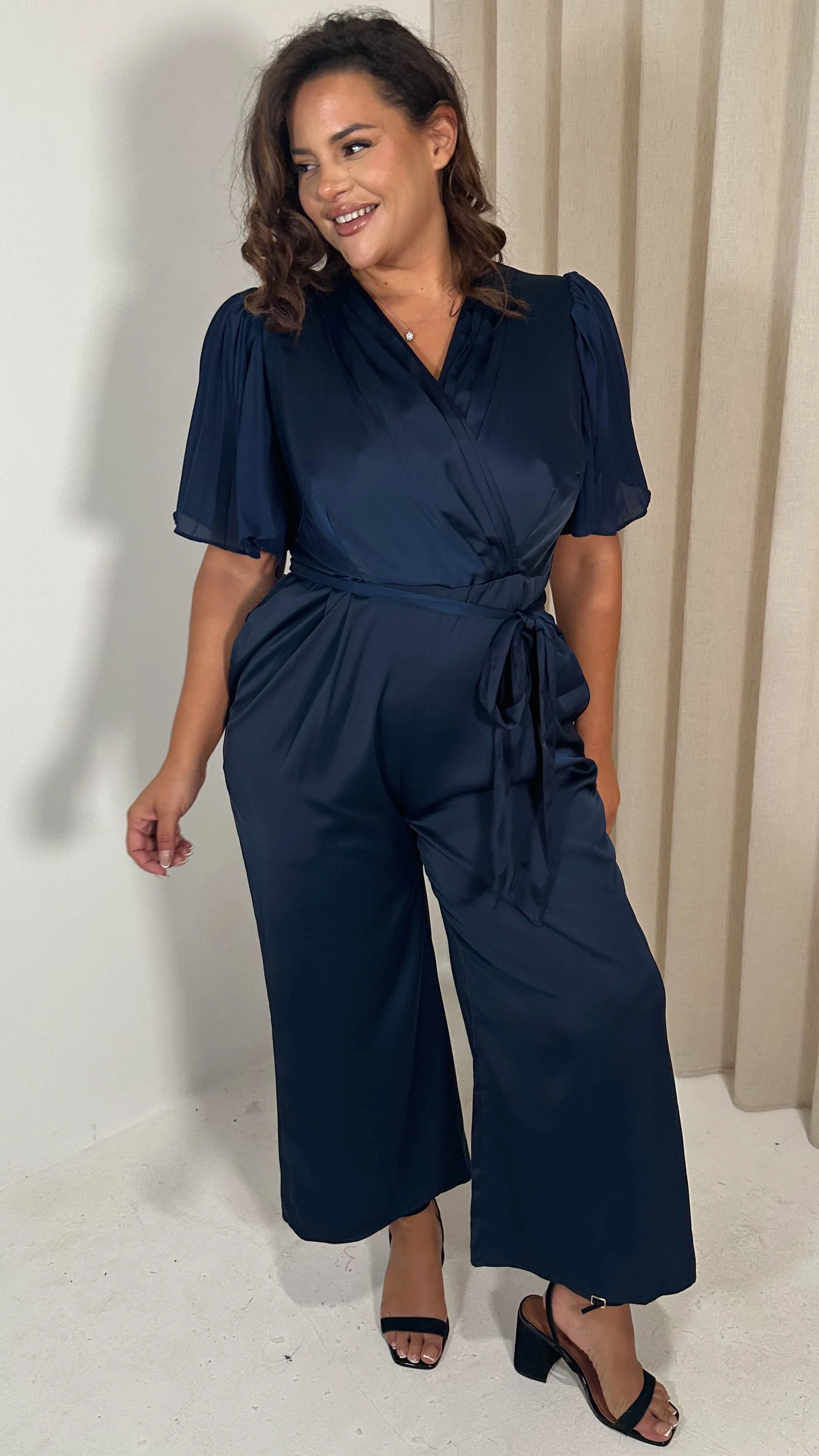CurveWow Pleated Sleeve Wrap Jumpsuit Navy - Image 6