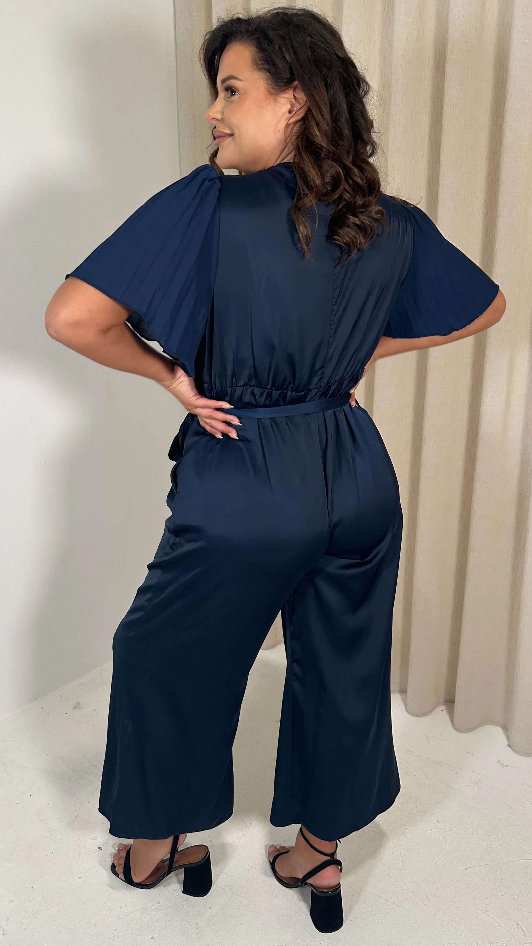 CurveWow Pleated Sleeve Wrap Jumpsuit Navy - Image 8